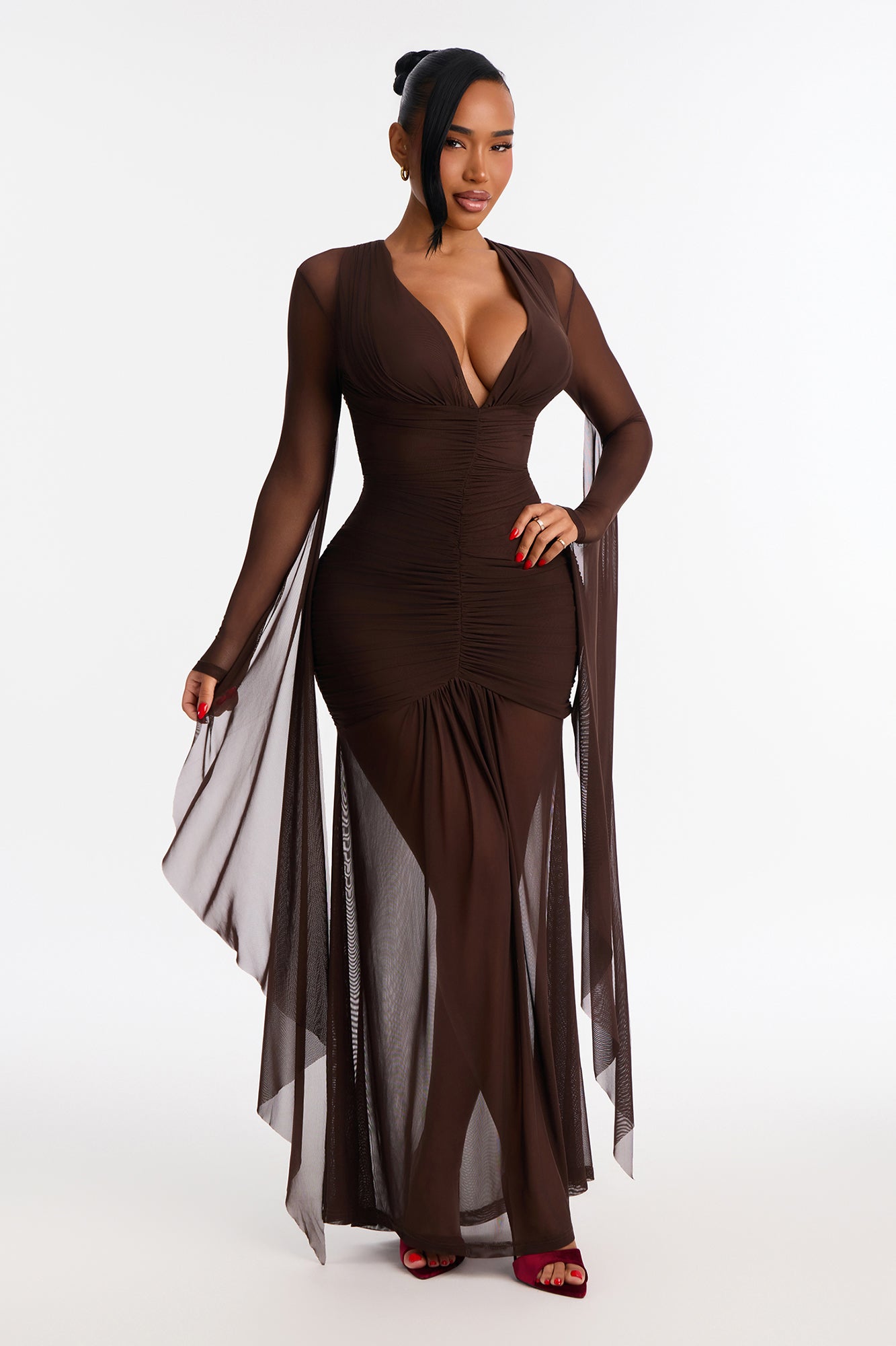 Night Well Spent Ruched Mesh Maxi Dress - Chocolate