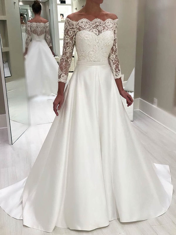 Stunning Off-The-Shoulder Long Sleeves Ball Gown Lace Satin Wedding Dresses with Sash