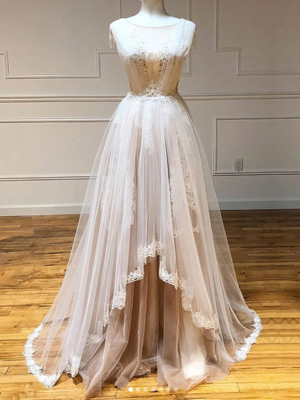 Deluxe Hi-Lo Jewel Neck Sleeveless A-Line Tulle Wedding Dresses