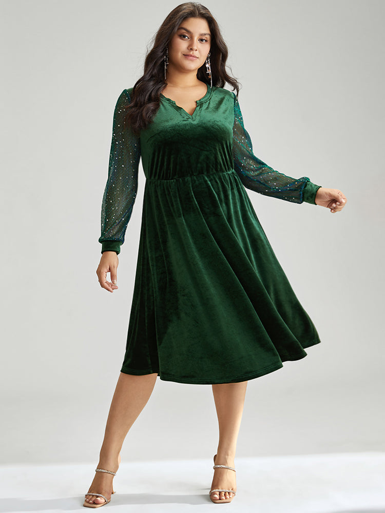 Velvet Sequin Patchwork Elastic Waist Notched Dress
