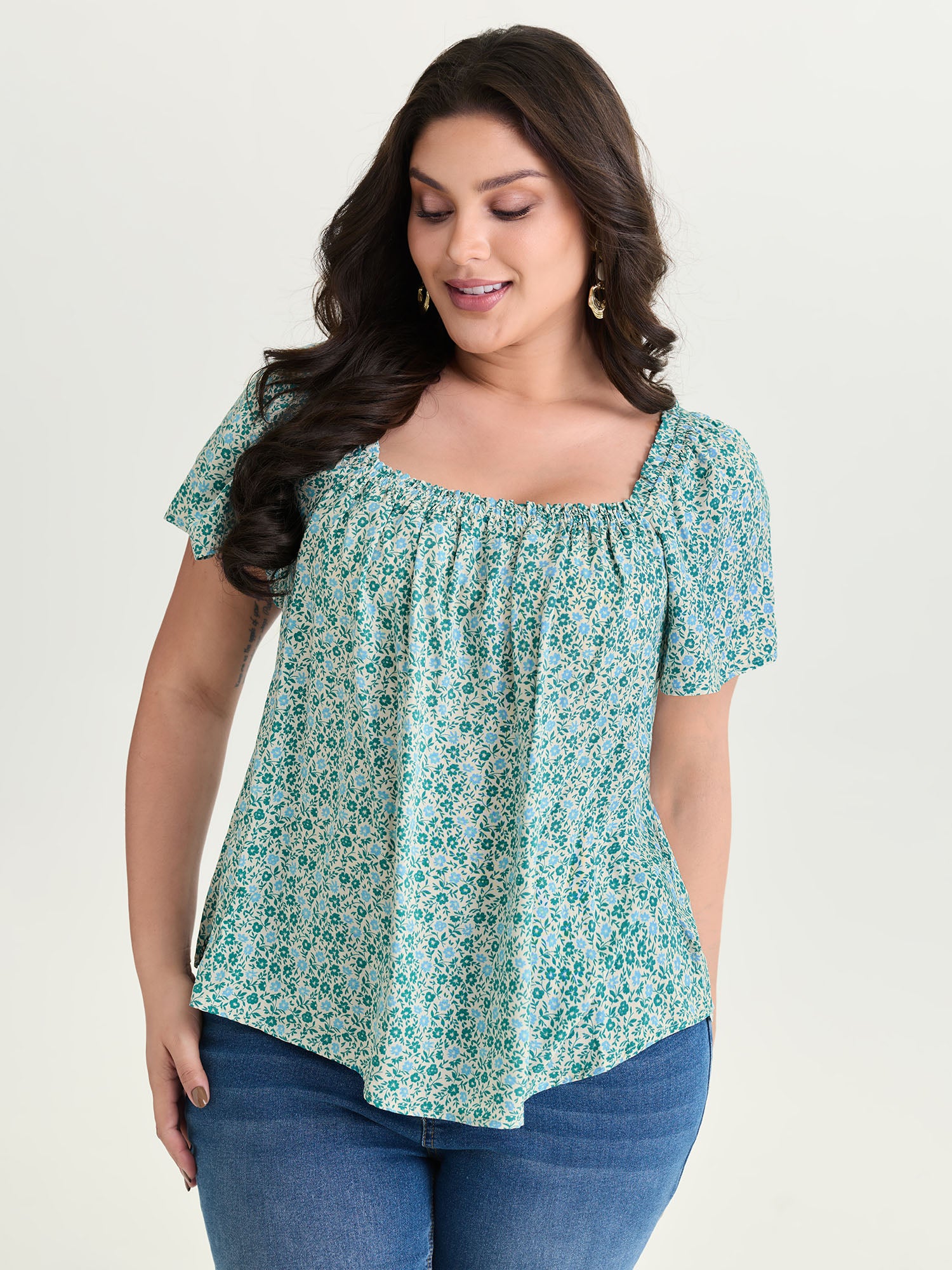 Floral Print Square Neckline Blouse