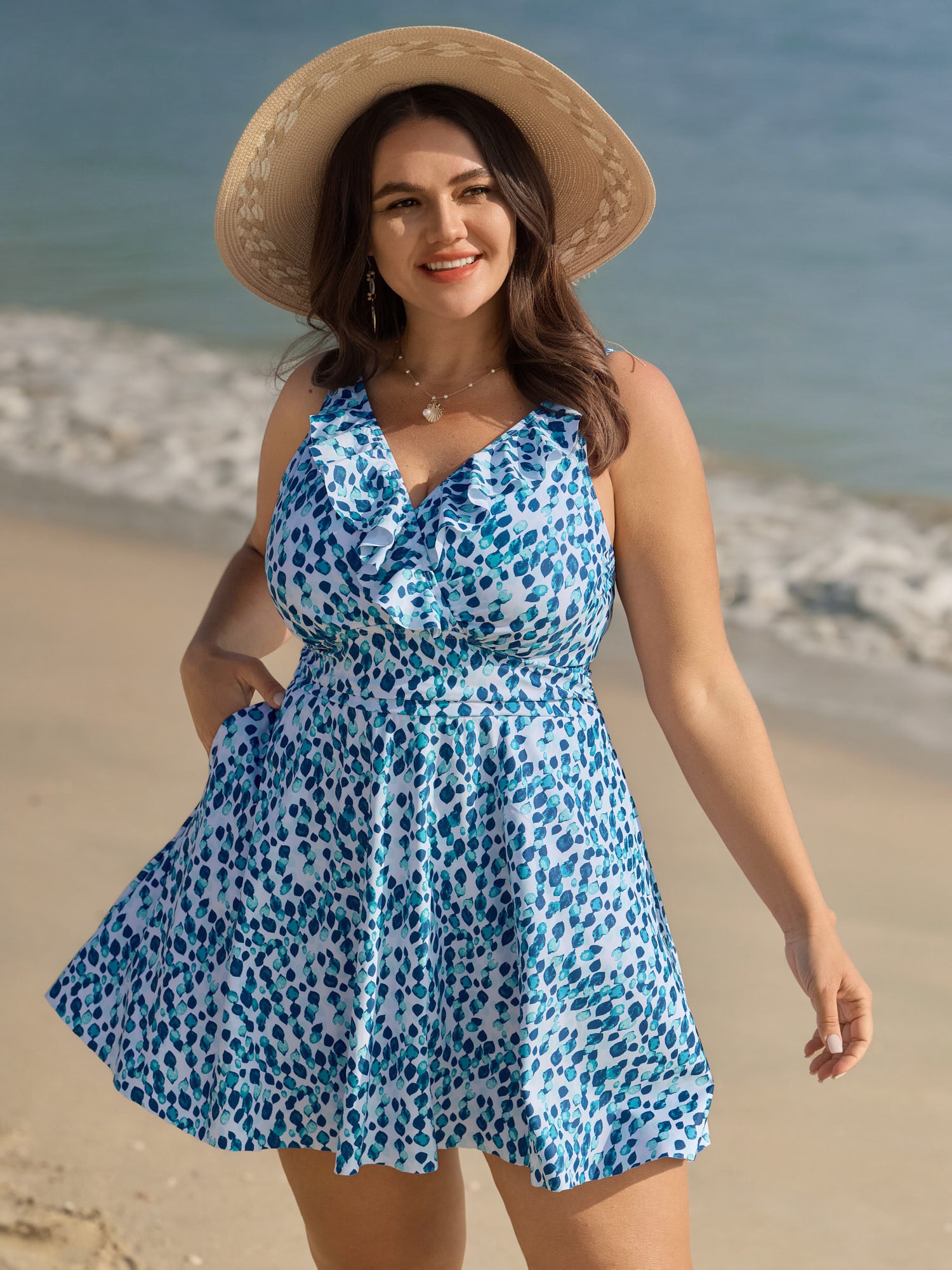 Polka Dots Print Pockets Swim Dress