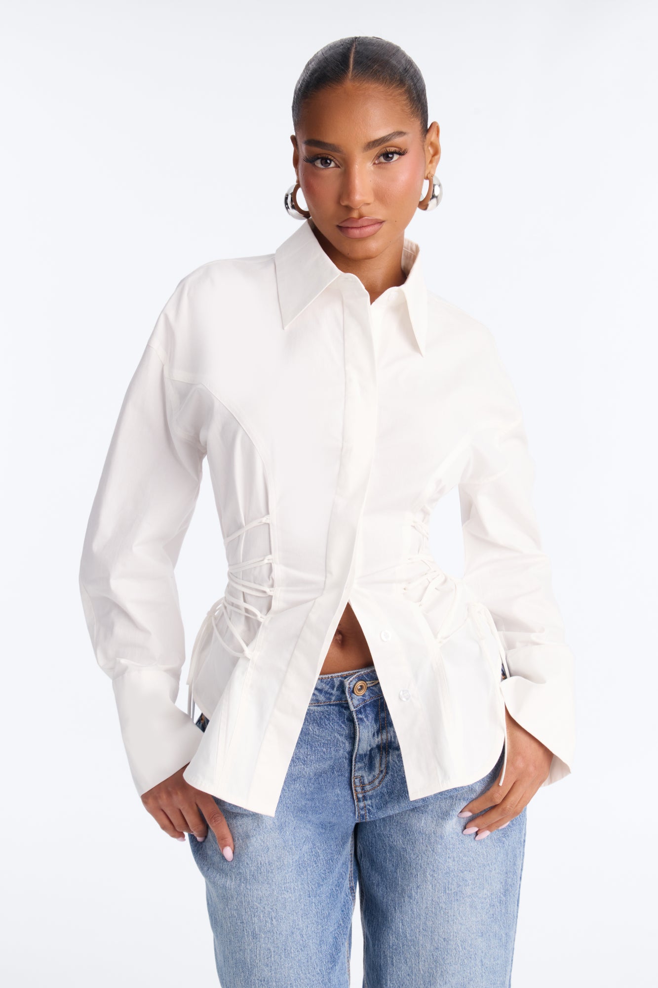 Roxanna Lace Up Button Up Shirt - White