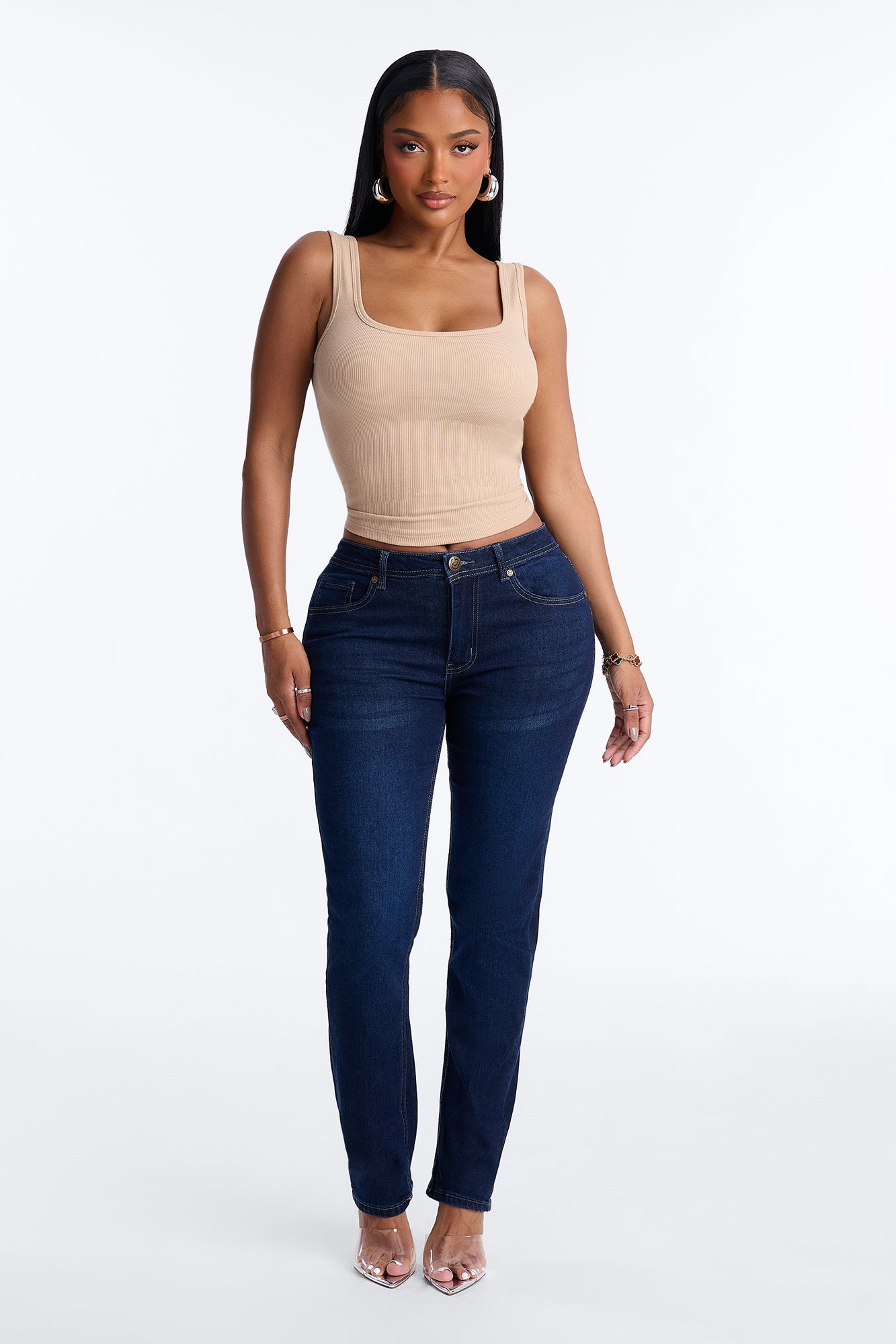 Yessica Mid Rise Basic Stretch Slim Straight Leg - Dark Wash