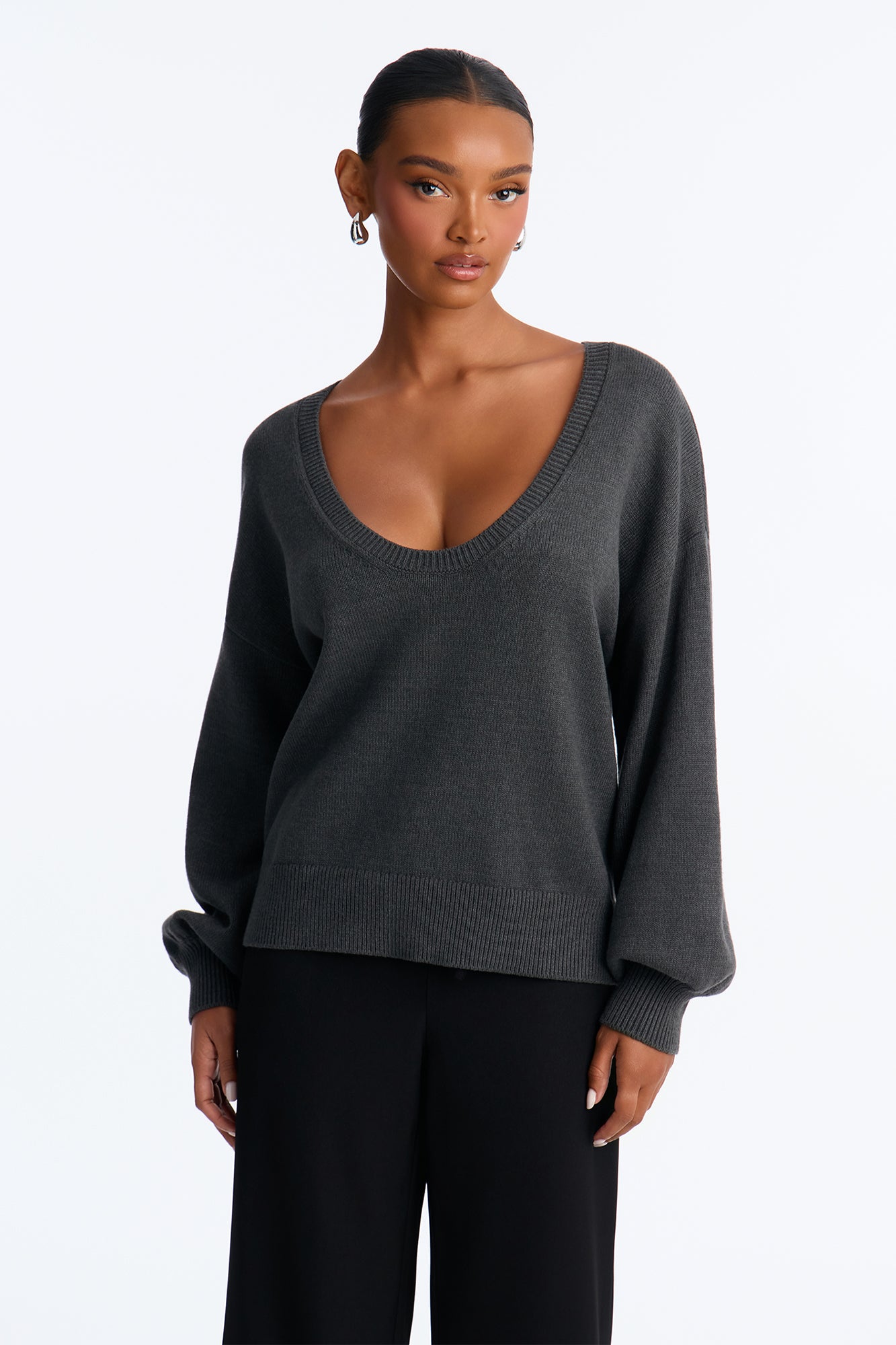 Night Fall U Neck Pullover Sweater - Charcoal
