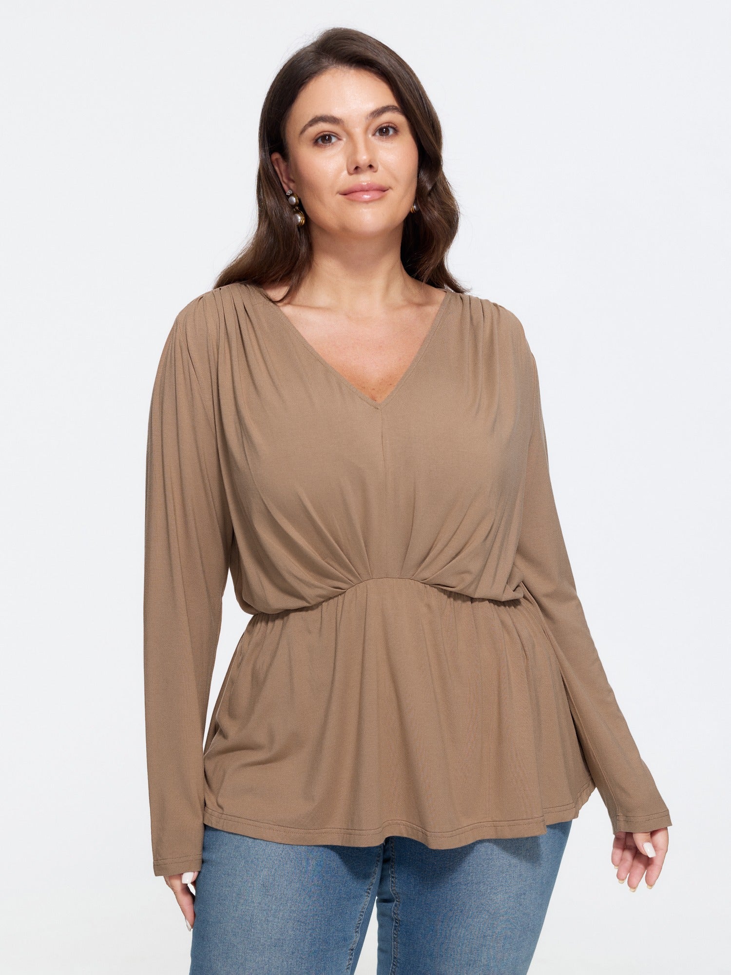Stretchy V Neck Ruched Shoulder T-Shirt