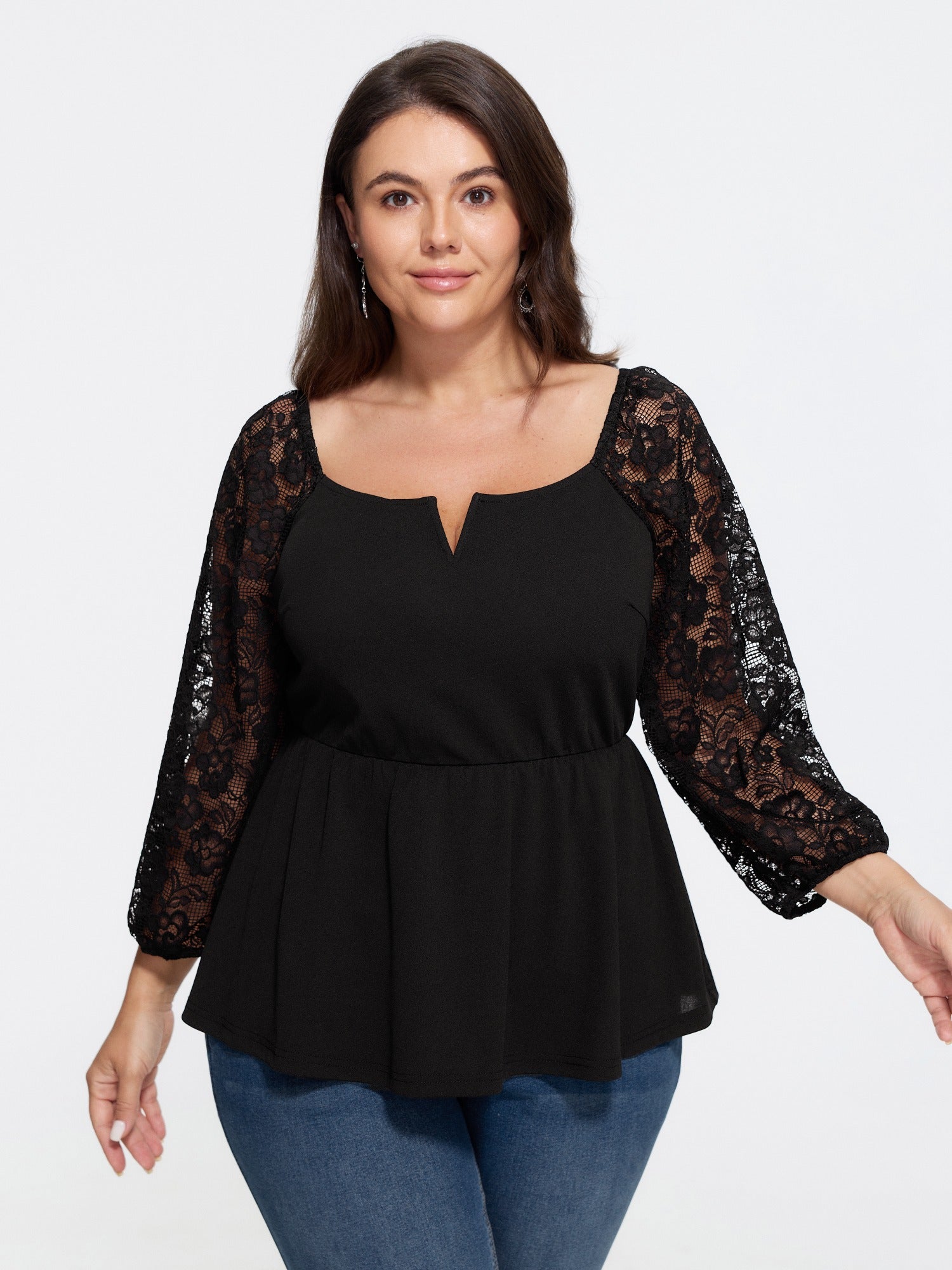 Square Neck Lace 3/4 Sleeve Peplum Blouse