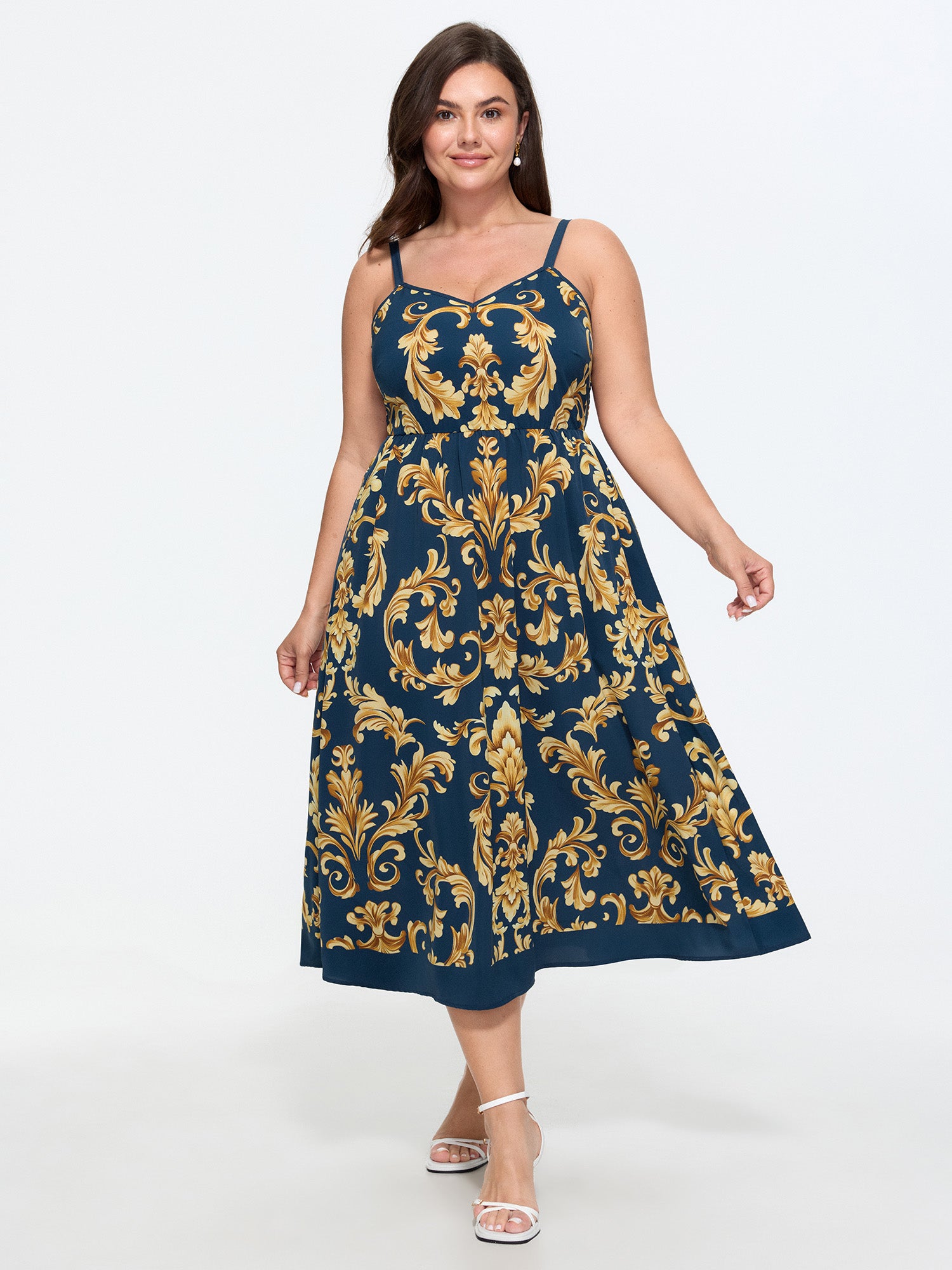 Boho Floral Print Shirred Waist Midi Dress
