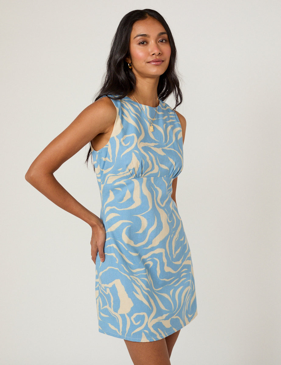 Blue Printed Sleeveless Vicky Mini Dress
