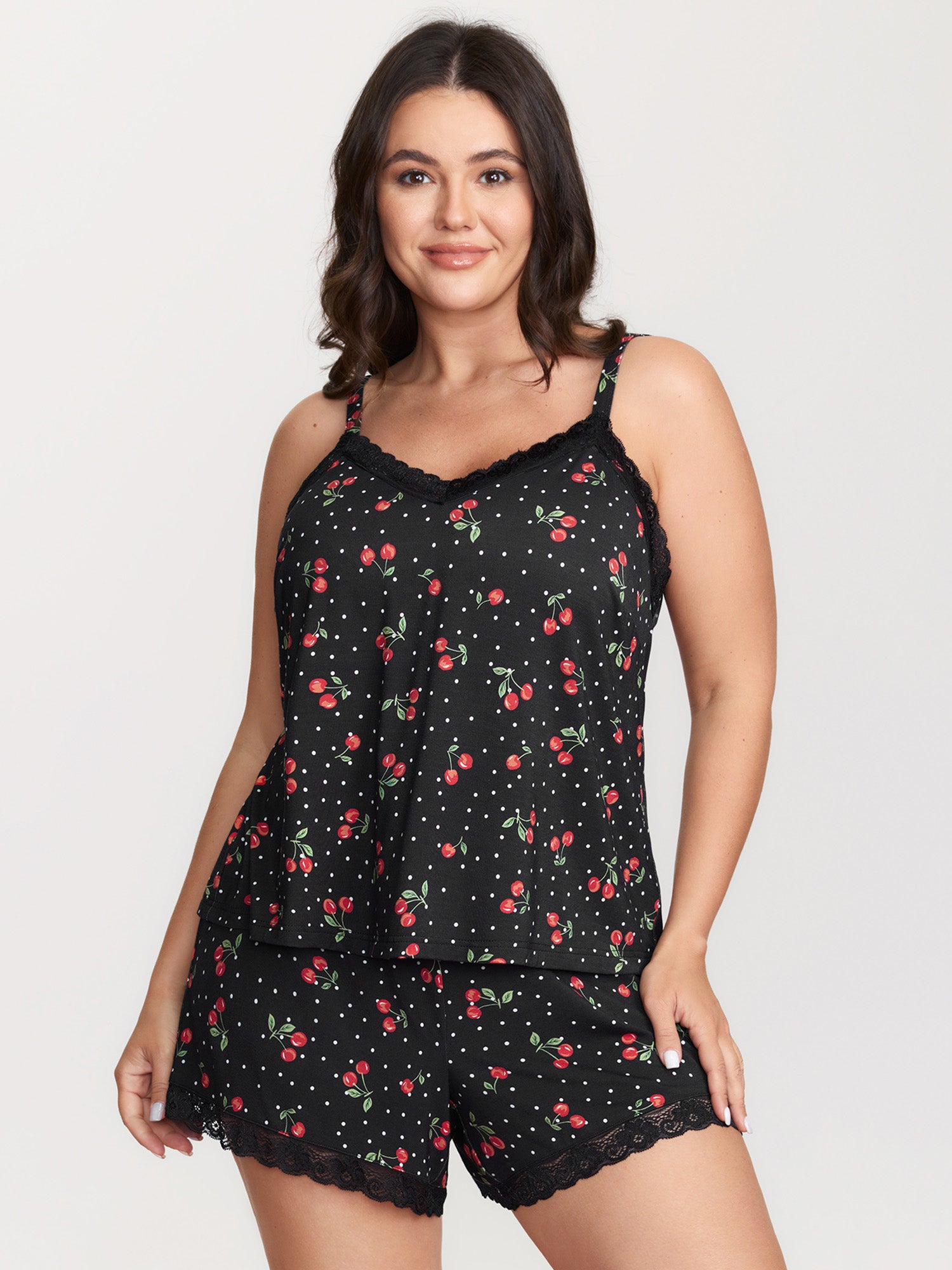 Supersoft Cherry Print Lace Trim Pajama Set