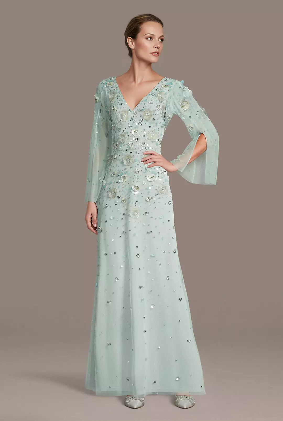 Beaded V-Neck Cascade Sleeve Sheath Dress