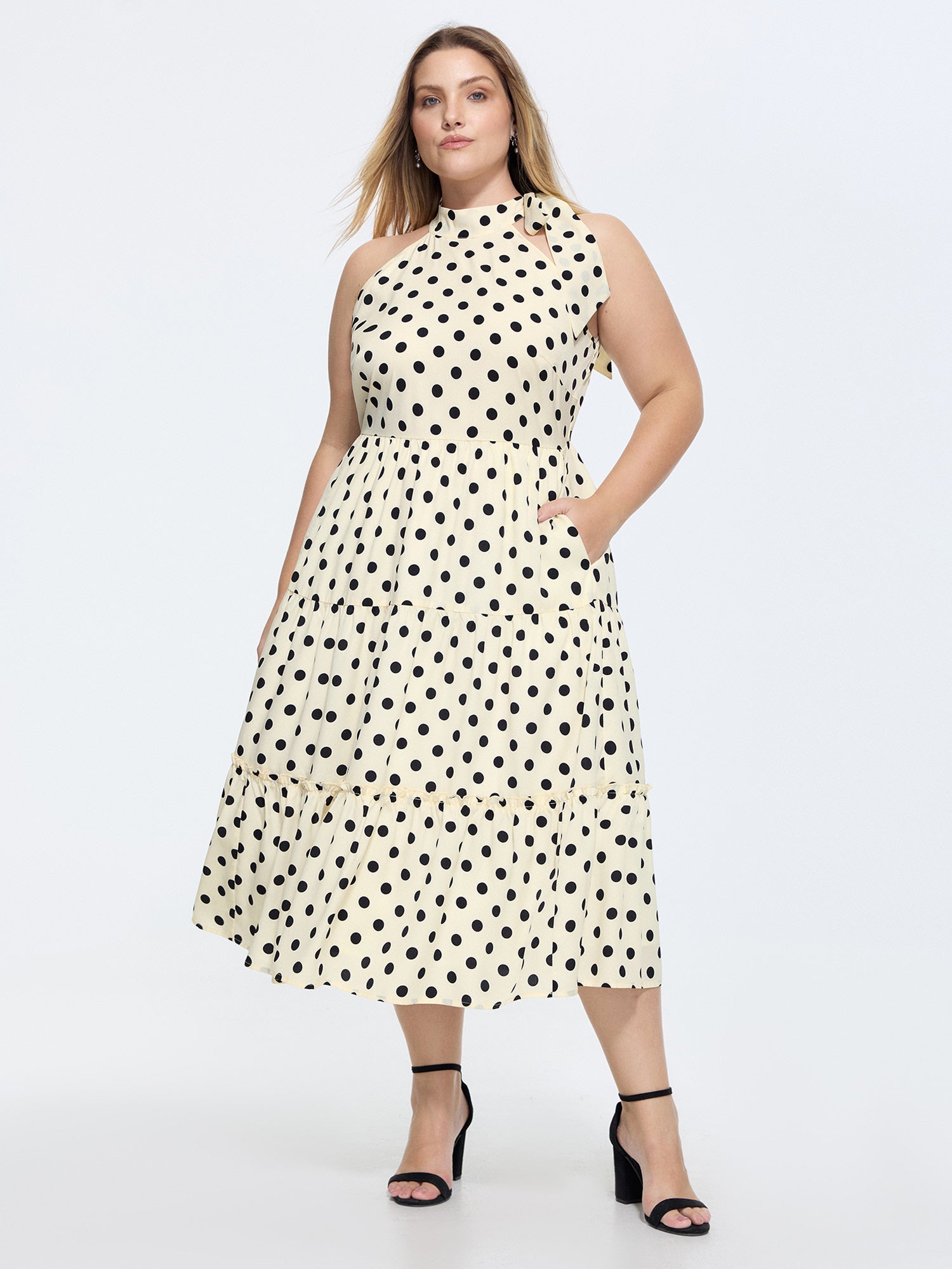 Polka Dot Print Halter Neckline Midi Dress