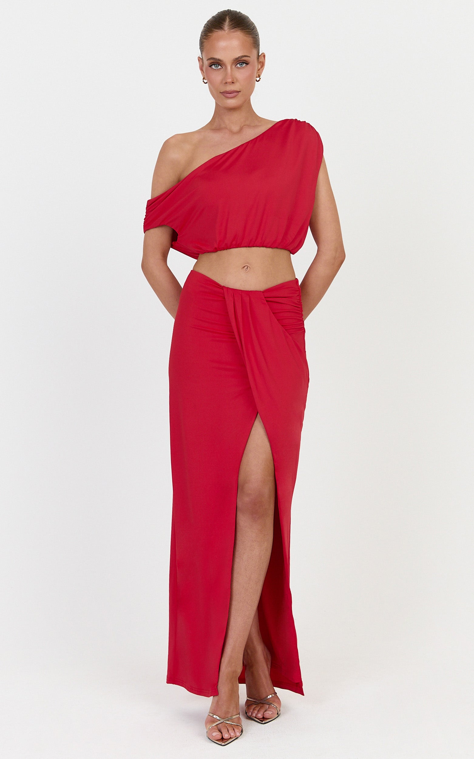 Rafaela Midi Skirt - Tuck Detail Wrap Side Skirt in Red