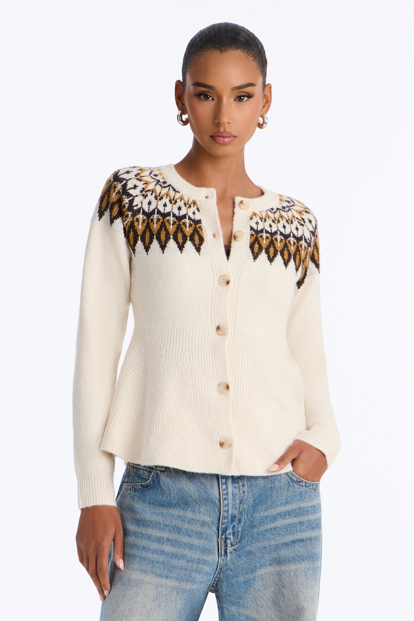 Fireside Cabin Babydoll Fair Isle Cardigan - Cream/combo
