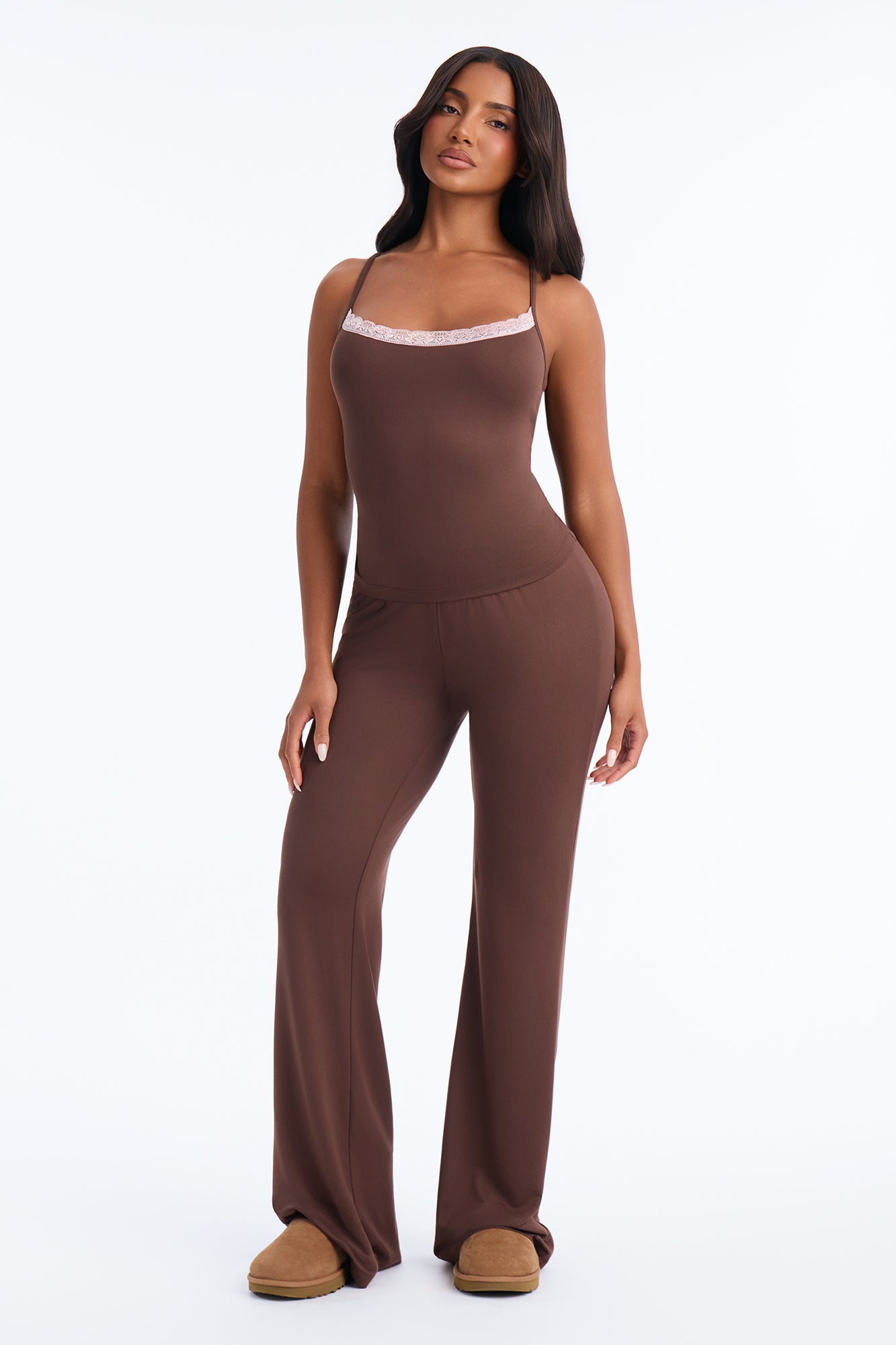 Lay Down Cami Contrast Lace Trim PJ Pant Set - Brown/combo
