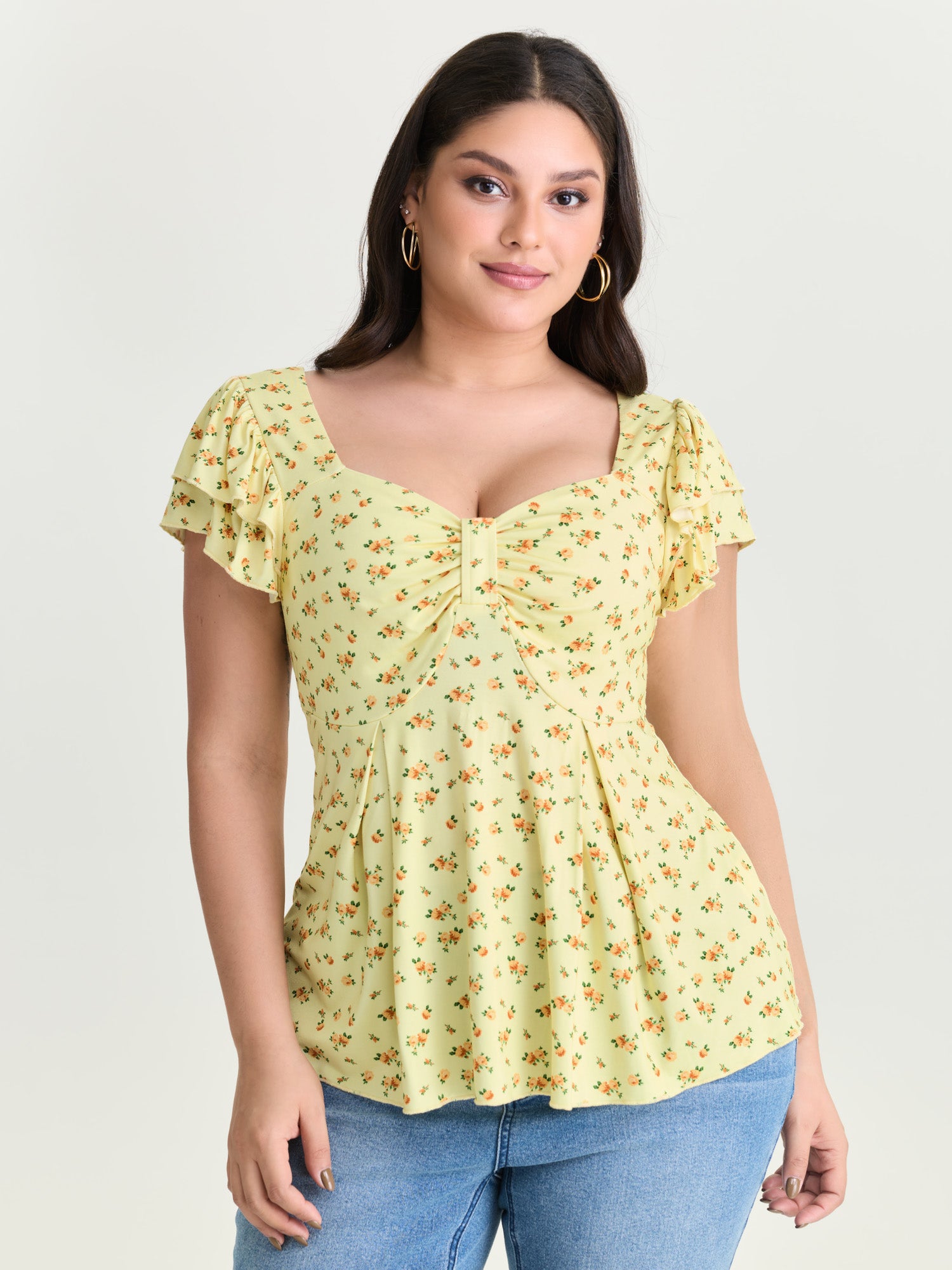 Floral Print Ruched Bodice Knit Top