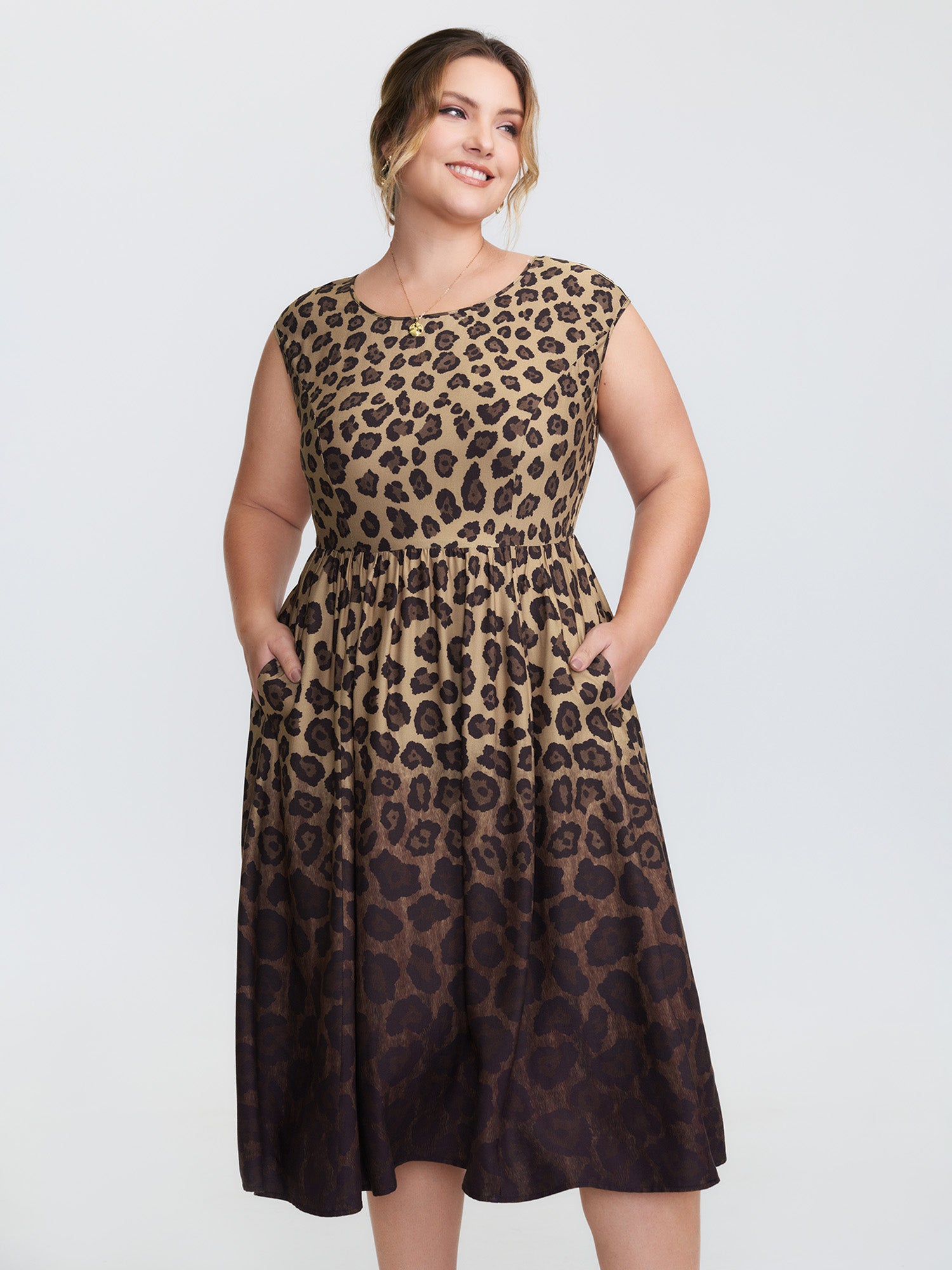 Leopard Print Pockets Stretchy Waist Midi Dress