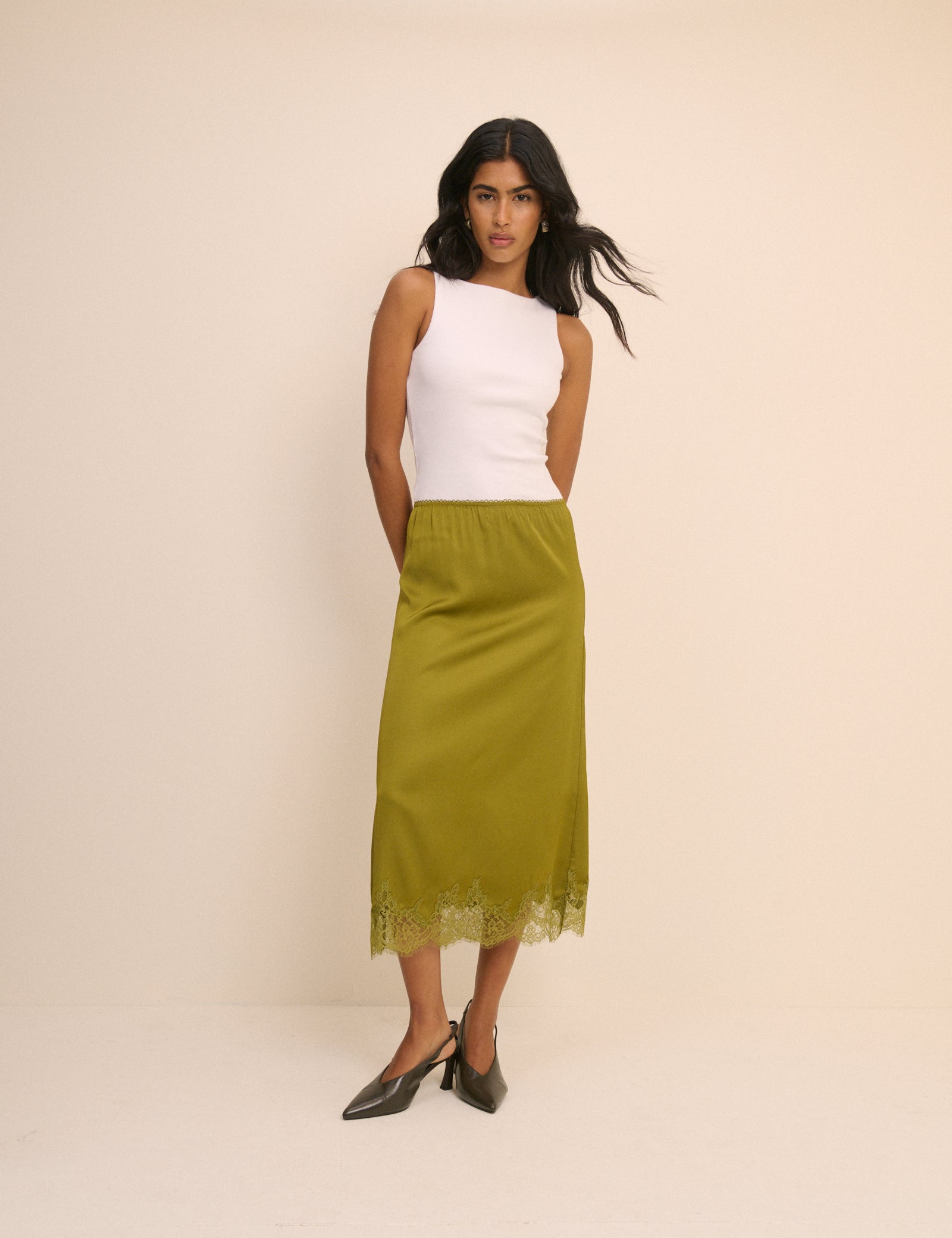 Green Lace Trim Satin Midi Slip Skirt