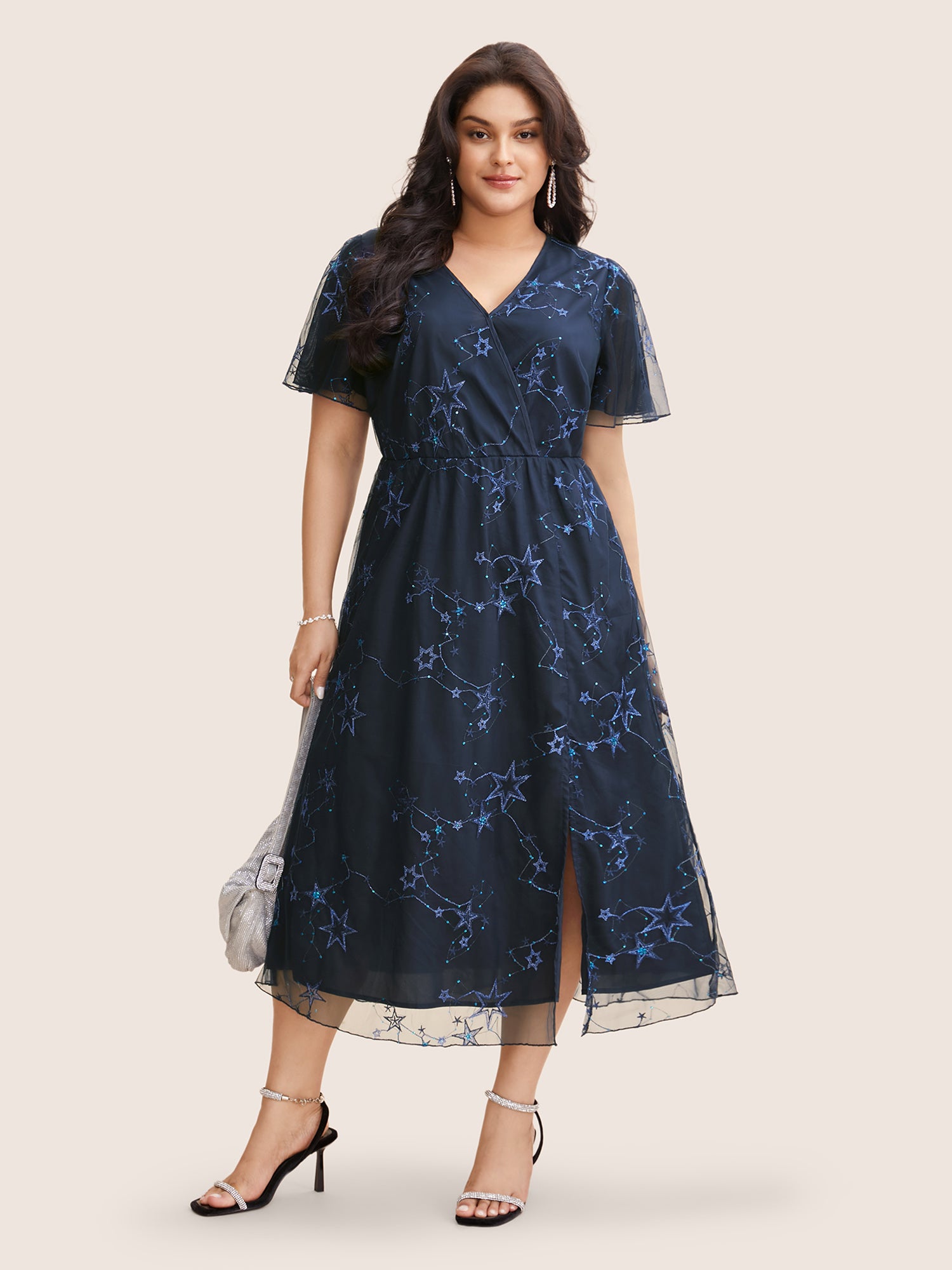 Star Embroidered Mesh Split Hem Dress