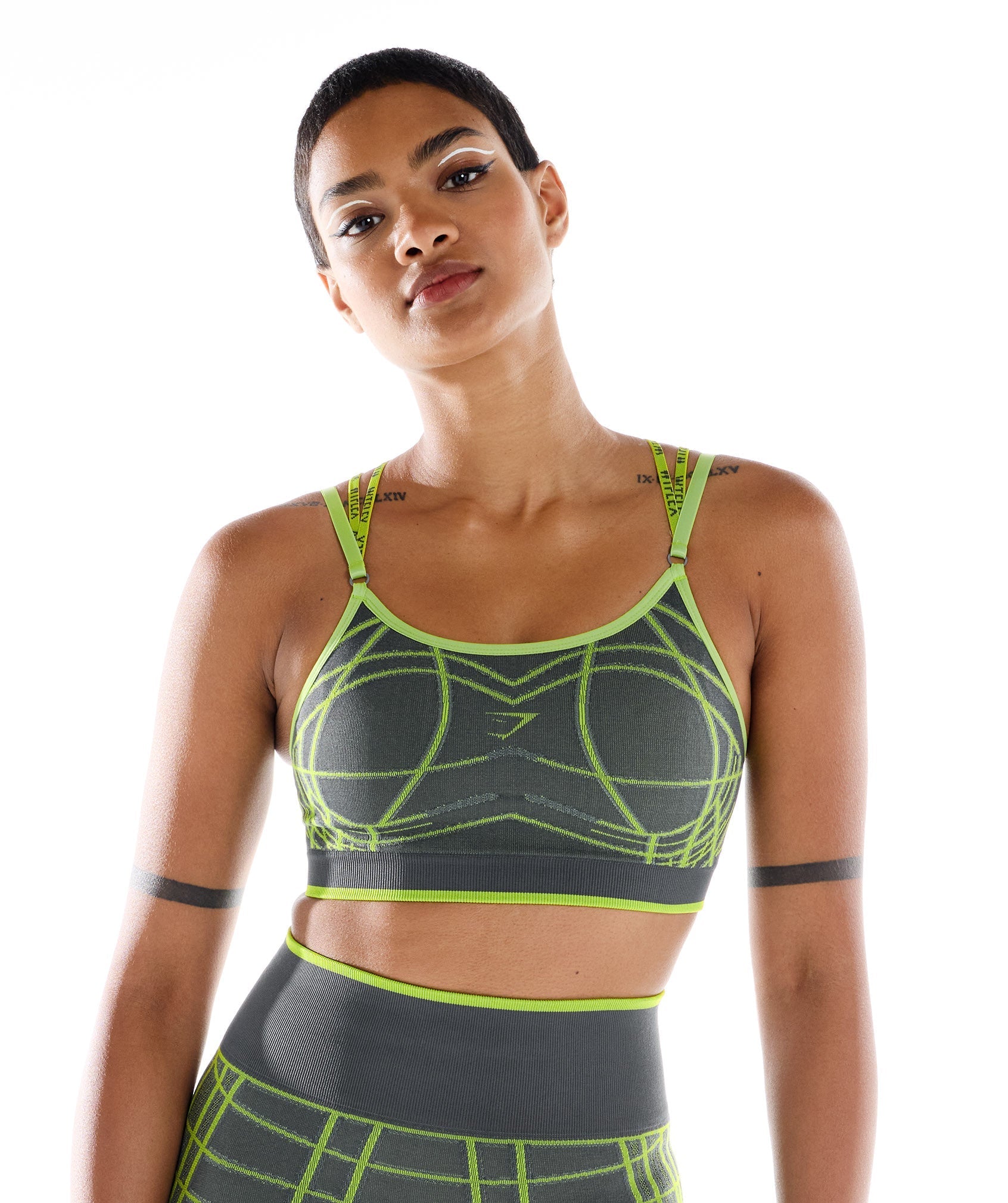 Gymshark Wtflex Linear Seamless Sports Bra - Charcoal Grey/ Fluo Green/ Light Grey