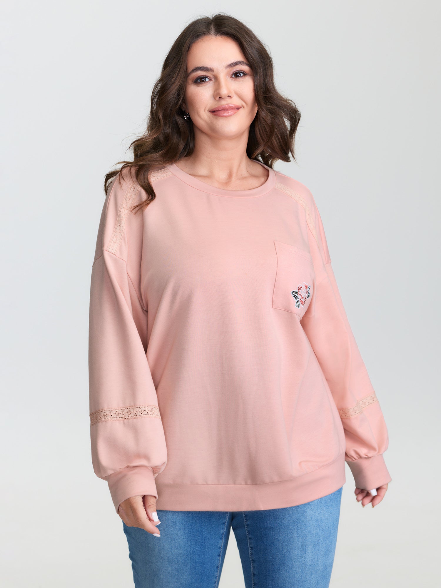 Floral Embroidery Lace Trim Sweatshirt