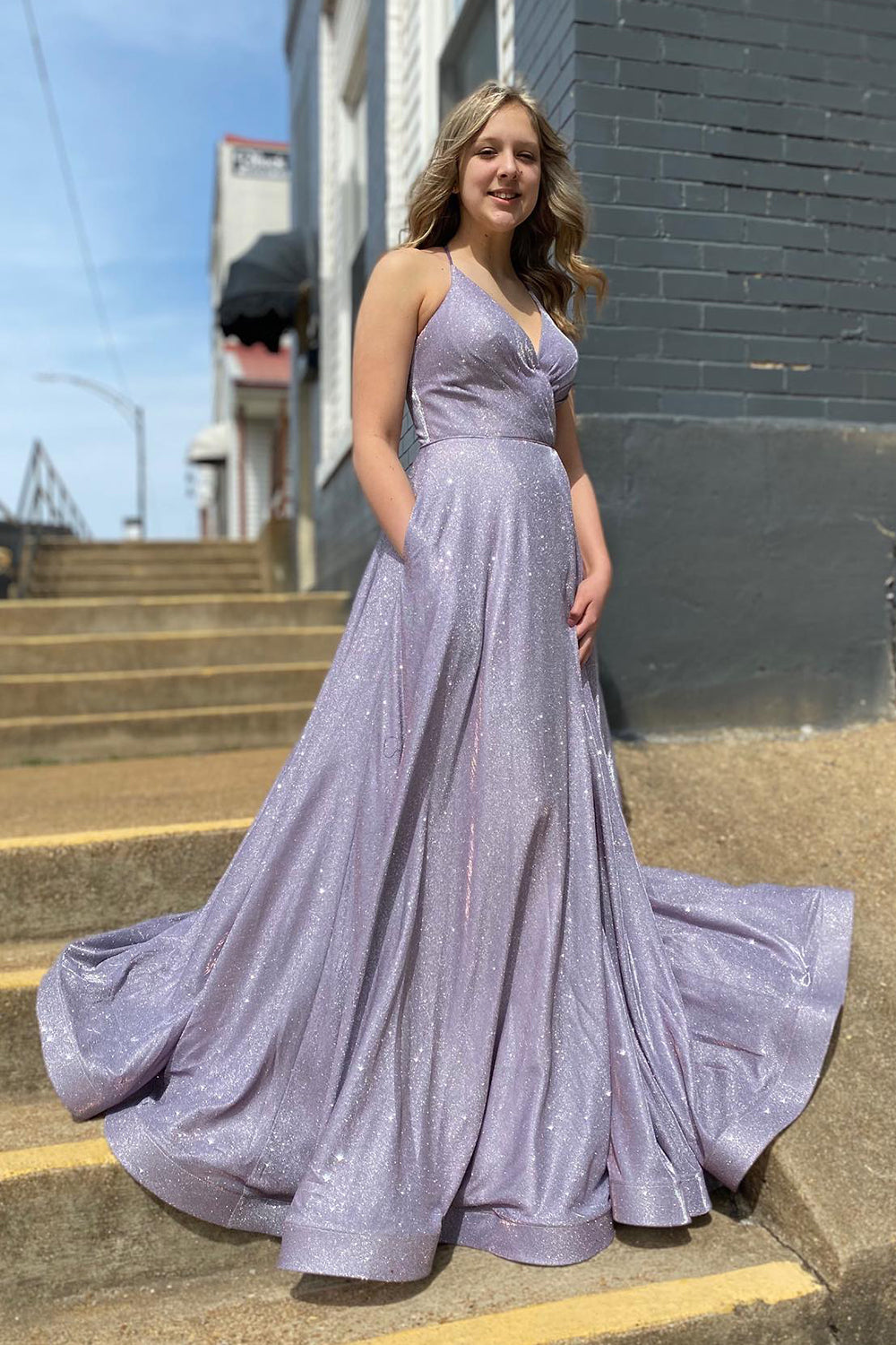 Long Prom Dress with Lilac Spaghetti Straps