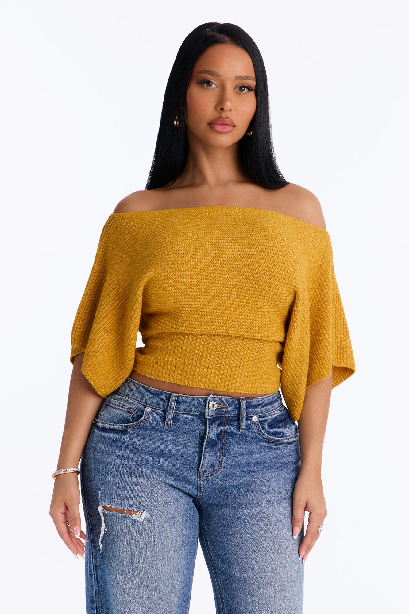 Carol One Shoulder Sweater Top - Mustard