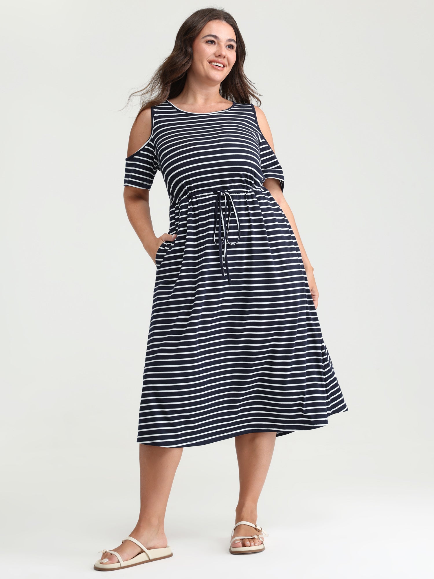 Monochrome Striped Cold-Shoulder Pockets Midi Dress