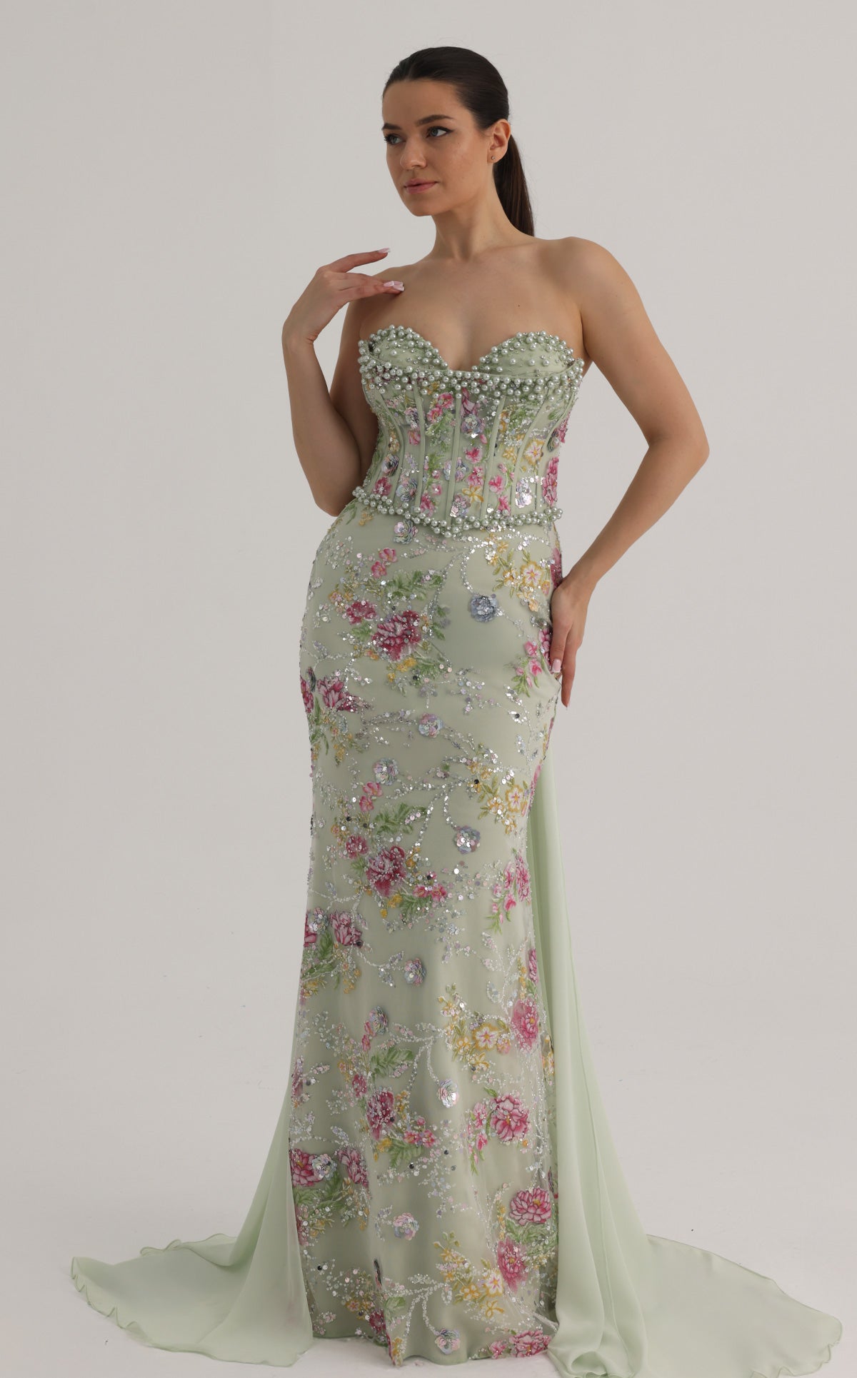 MNM COUTURE O07858 - Pearl Embellished Floral Corset Evening Gown
