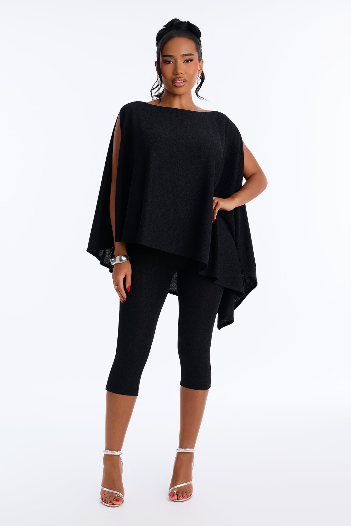 Midnight Mirage Metallic Knit Capri Set - Black