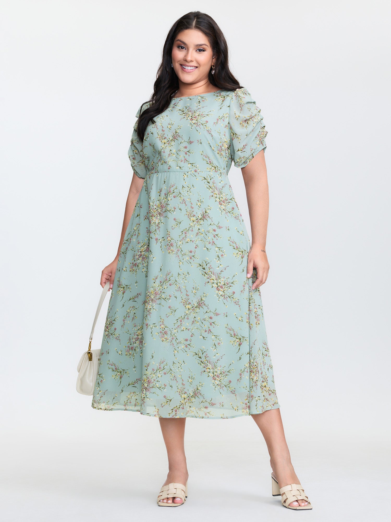 Floral Print Puffy Sleeve Midi Dress