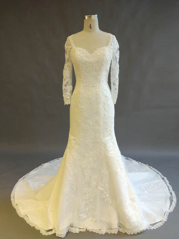 Elegant Sheath Sweetheart Long Sleeves Lace Court Train Wedding Dresses