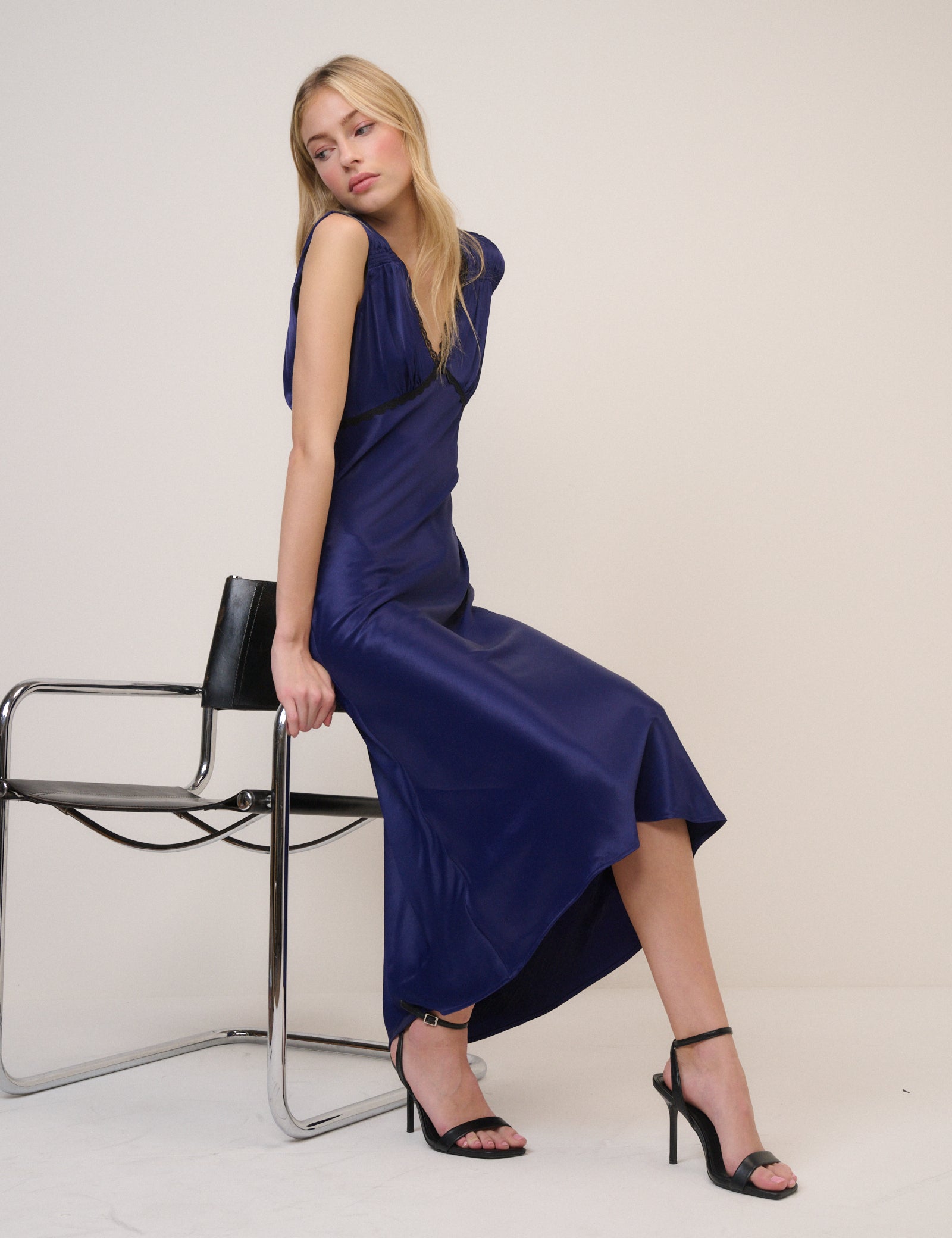 Navy Satin Ria Midi Dress