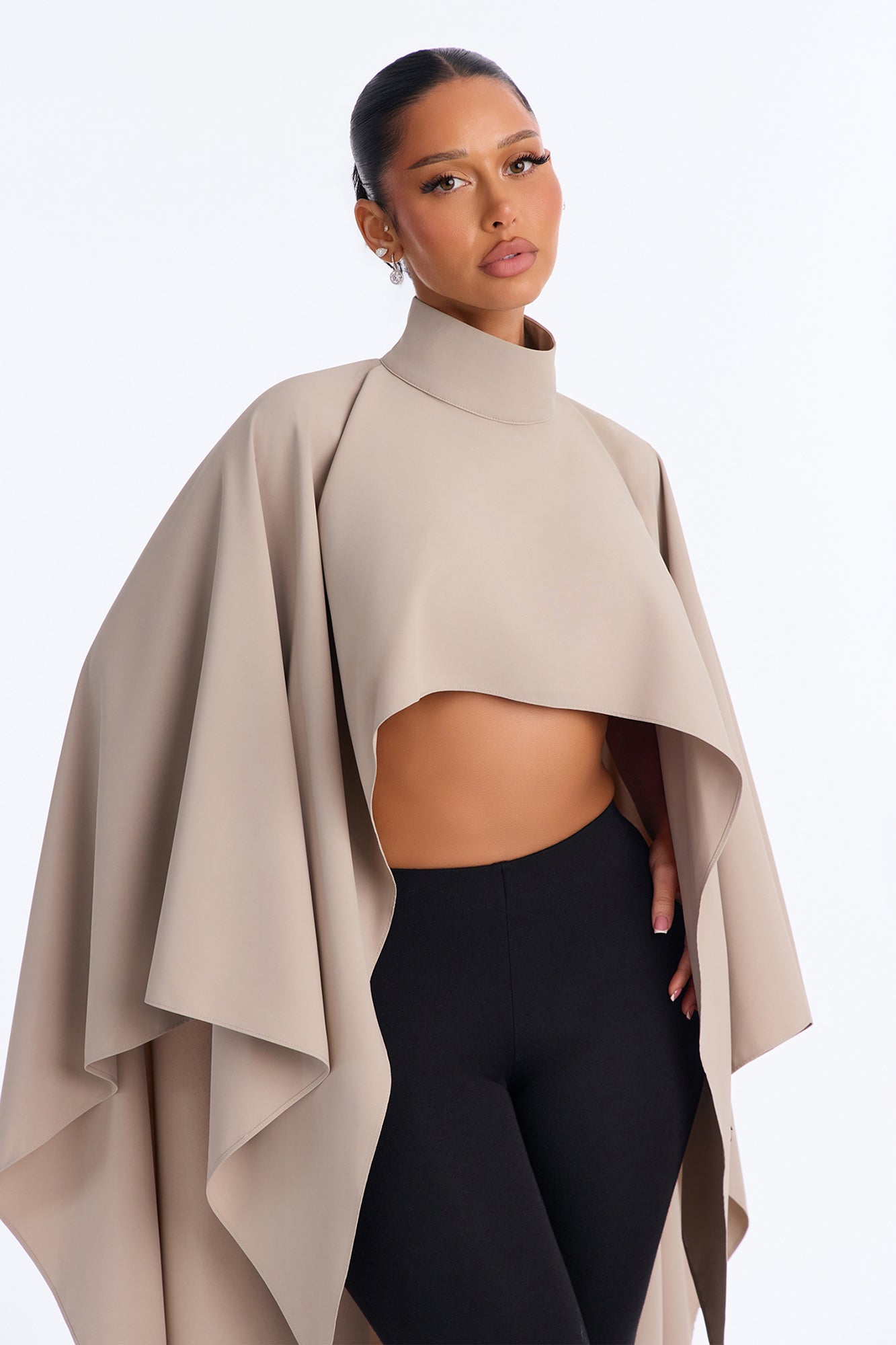 Glamourous Living Mock Neck Poncho Blouse - Taupe
