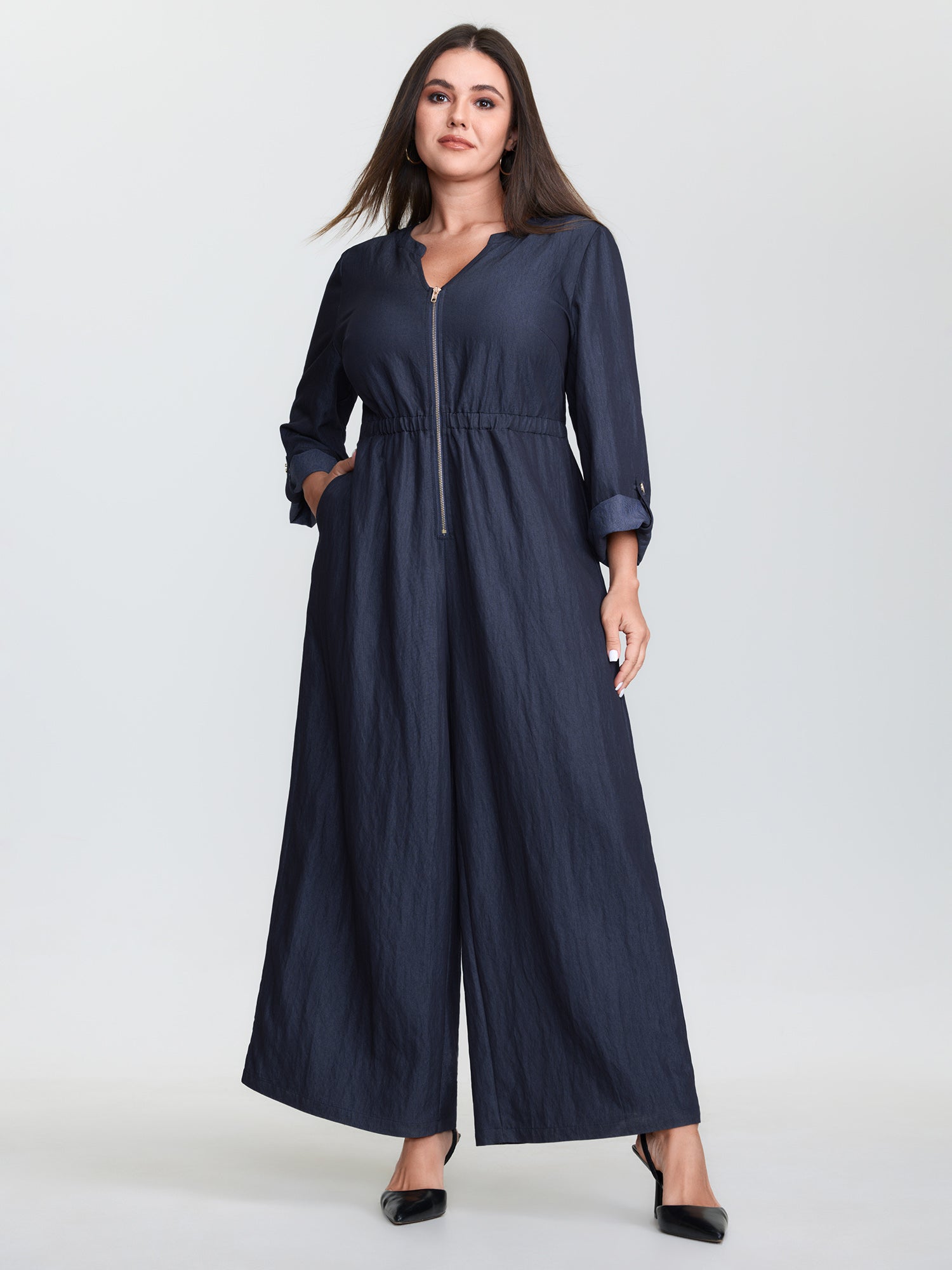 Zipper Front Tab Sleeve Jumpsuit