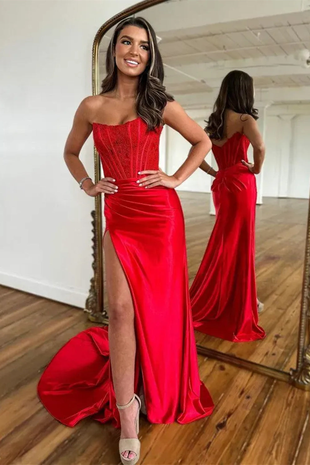 Long Red Satin Sweetheart Mermaid Prom Dress with Slit