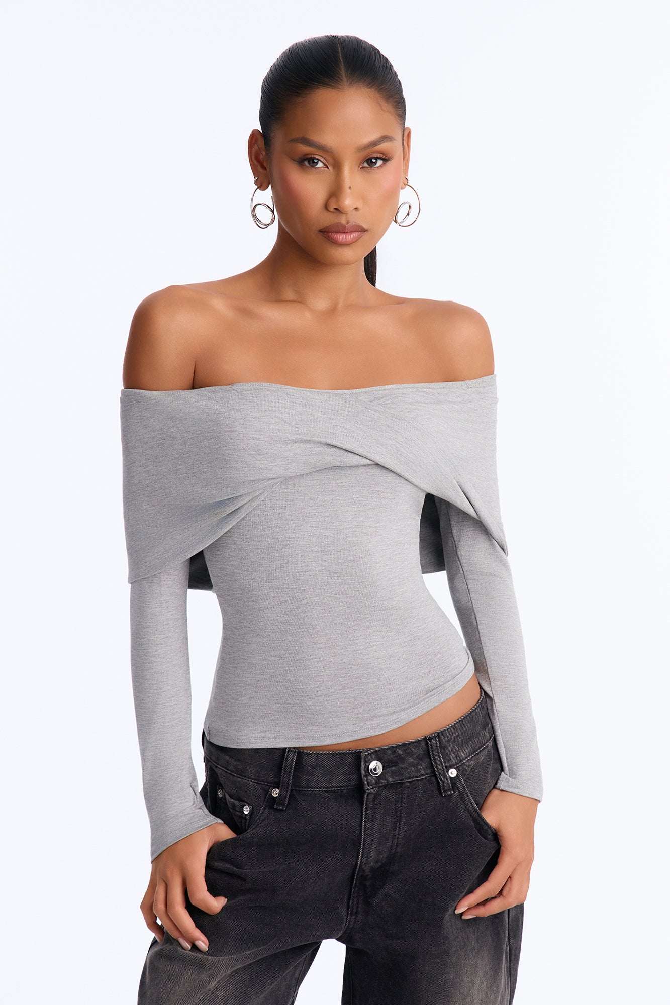 Sotainy Twist Off Shoulder Long Sleeve Top - Heather Grey