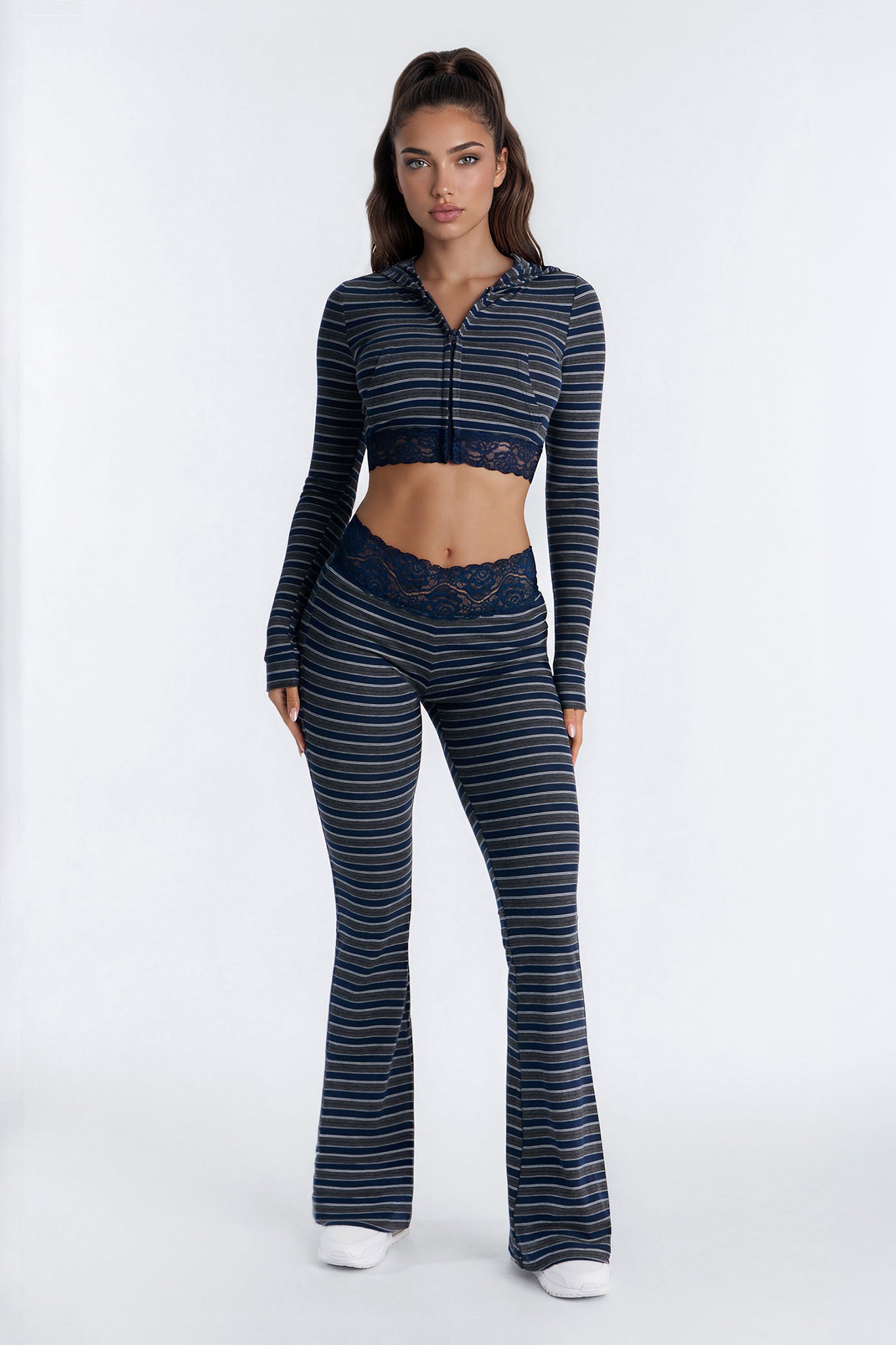 Femme Striped Lace Trim Pant Set - Navy