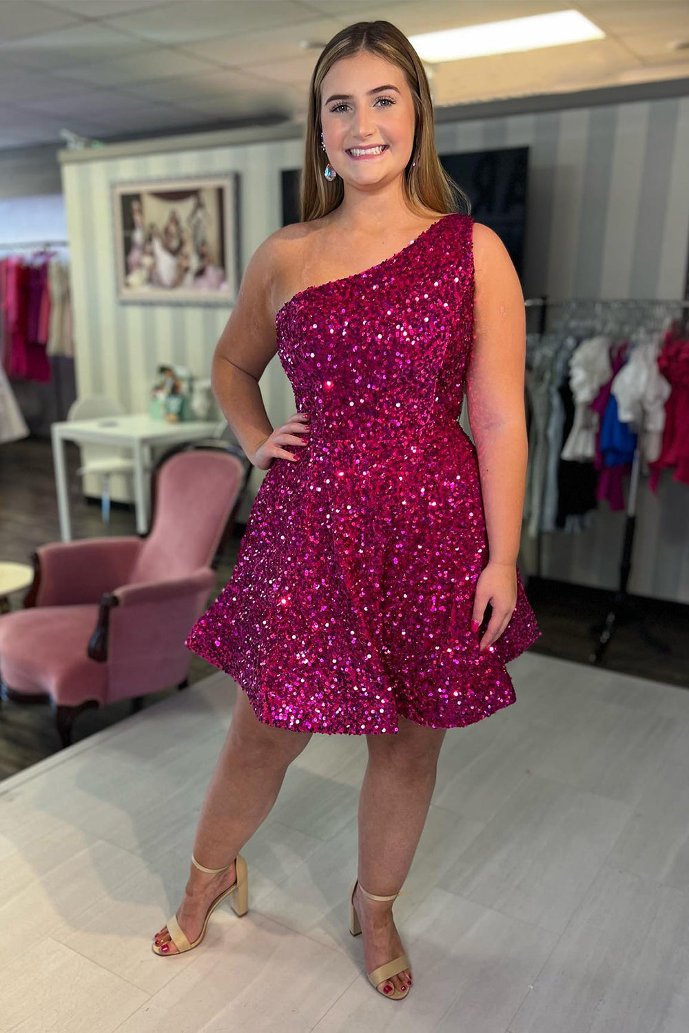Sparkly Hot Pink One Shoulder Sequins Short Homecoming Dress/Mini Dress