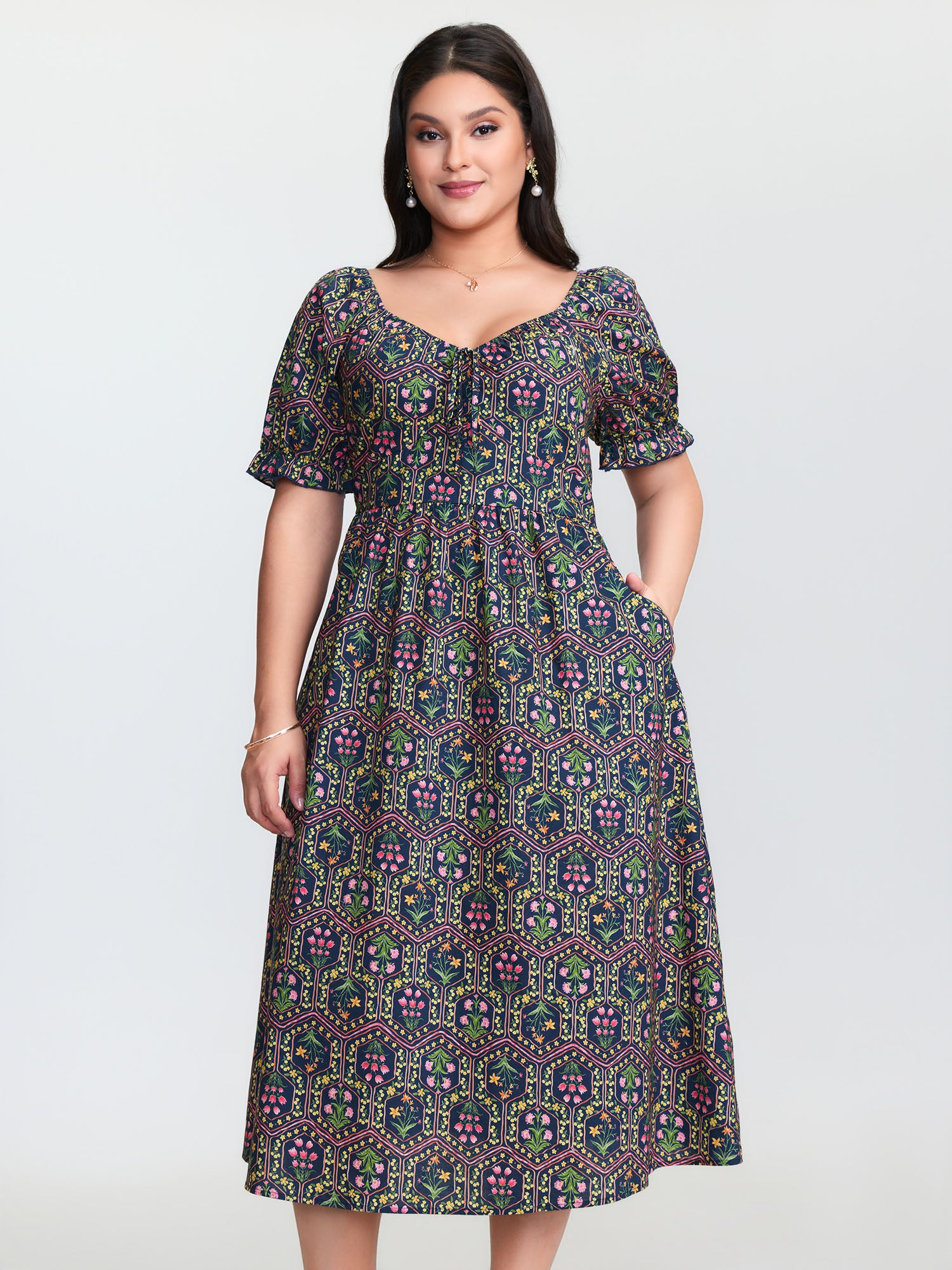 Cotton Geometric Print Shirred Waist Midi Dress