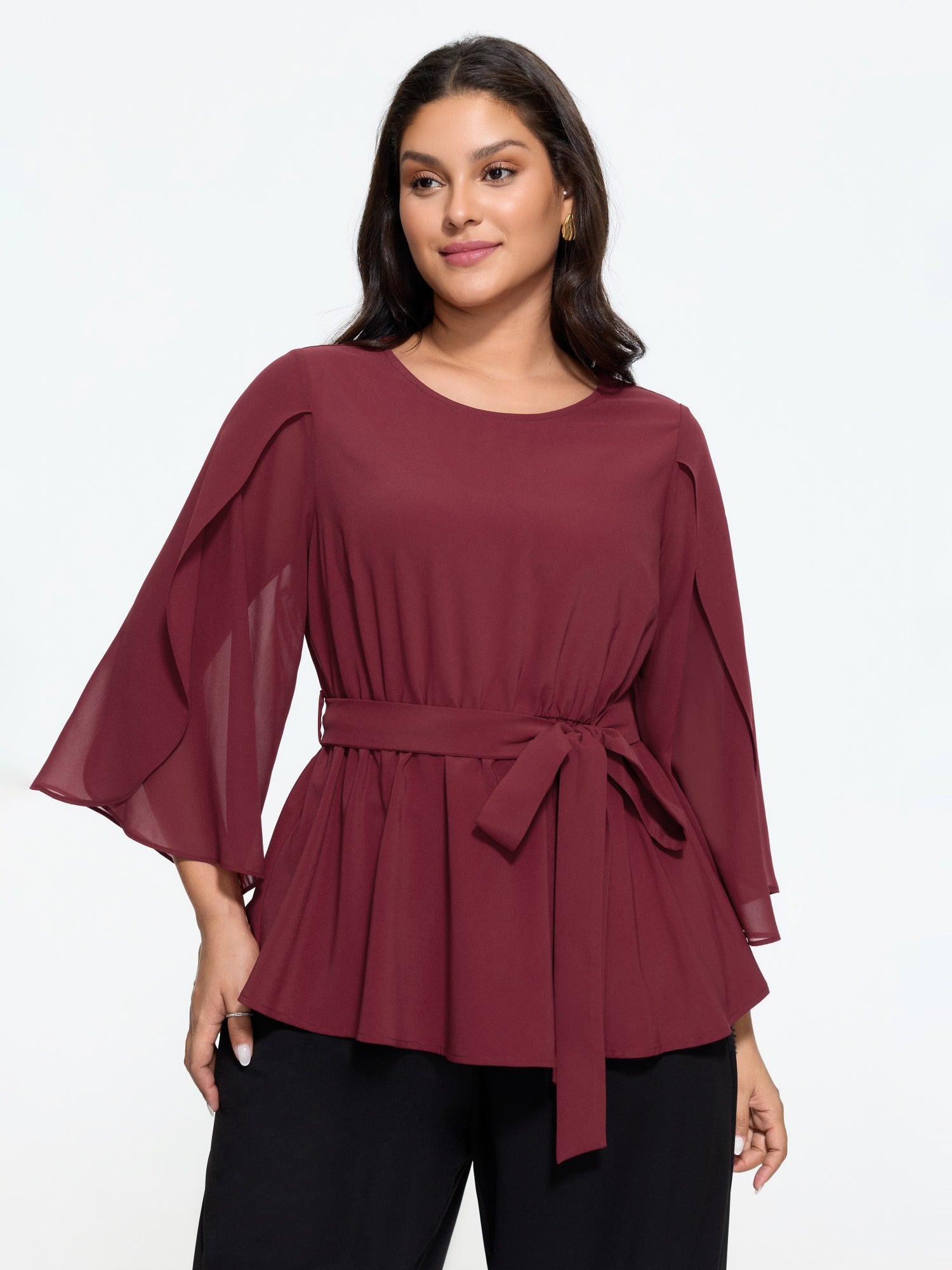 Round Neck Petal Sleeve Bow Tie Flowy Blouse