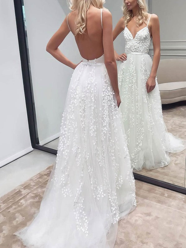 Stylish V-Neck Backless Lace Ball Gown Wedding Dresses with Sweep Train