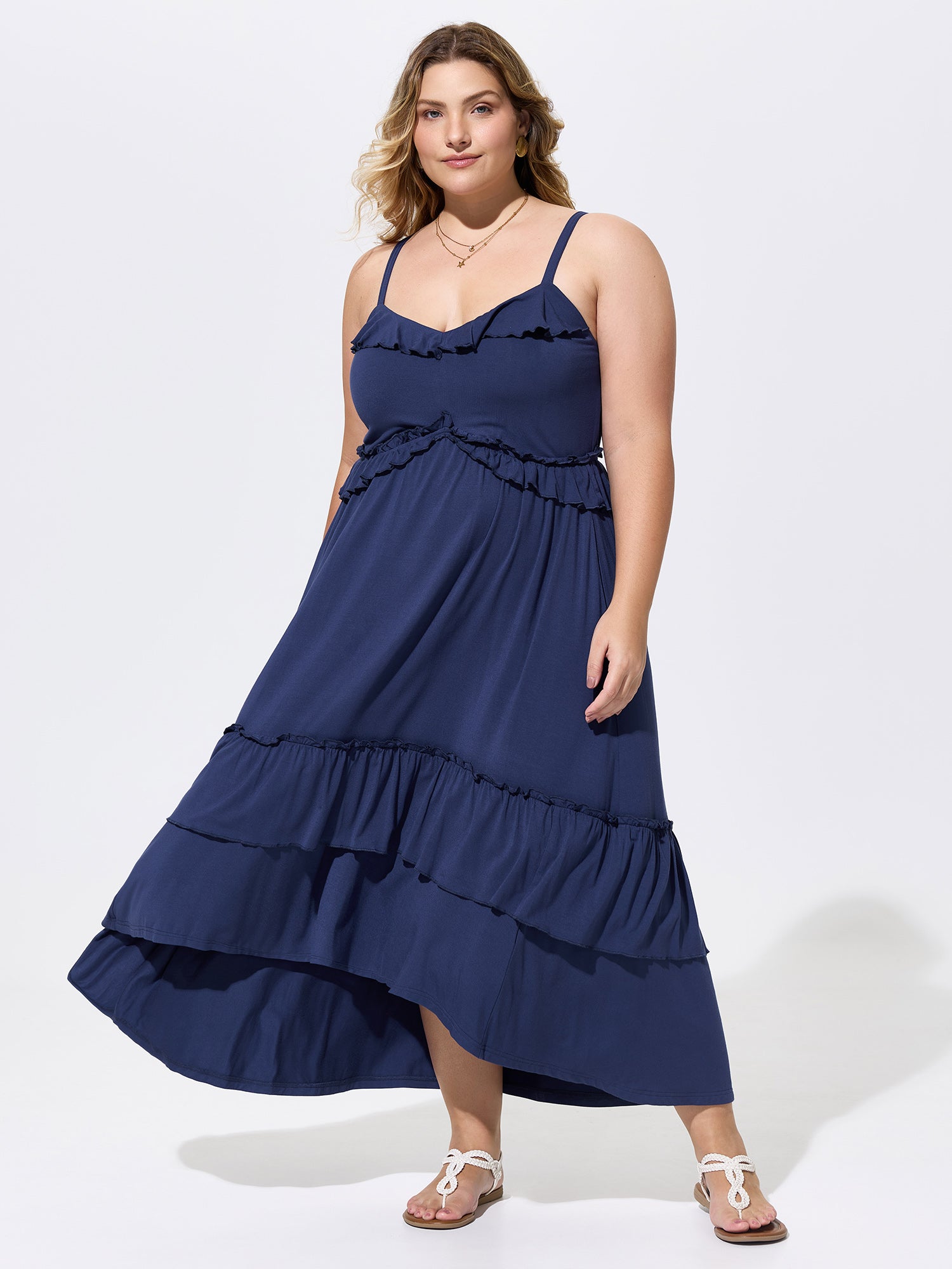Supersoft Ruffled Neckline Layered Knit Midi Dress