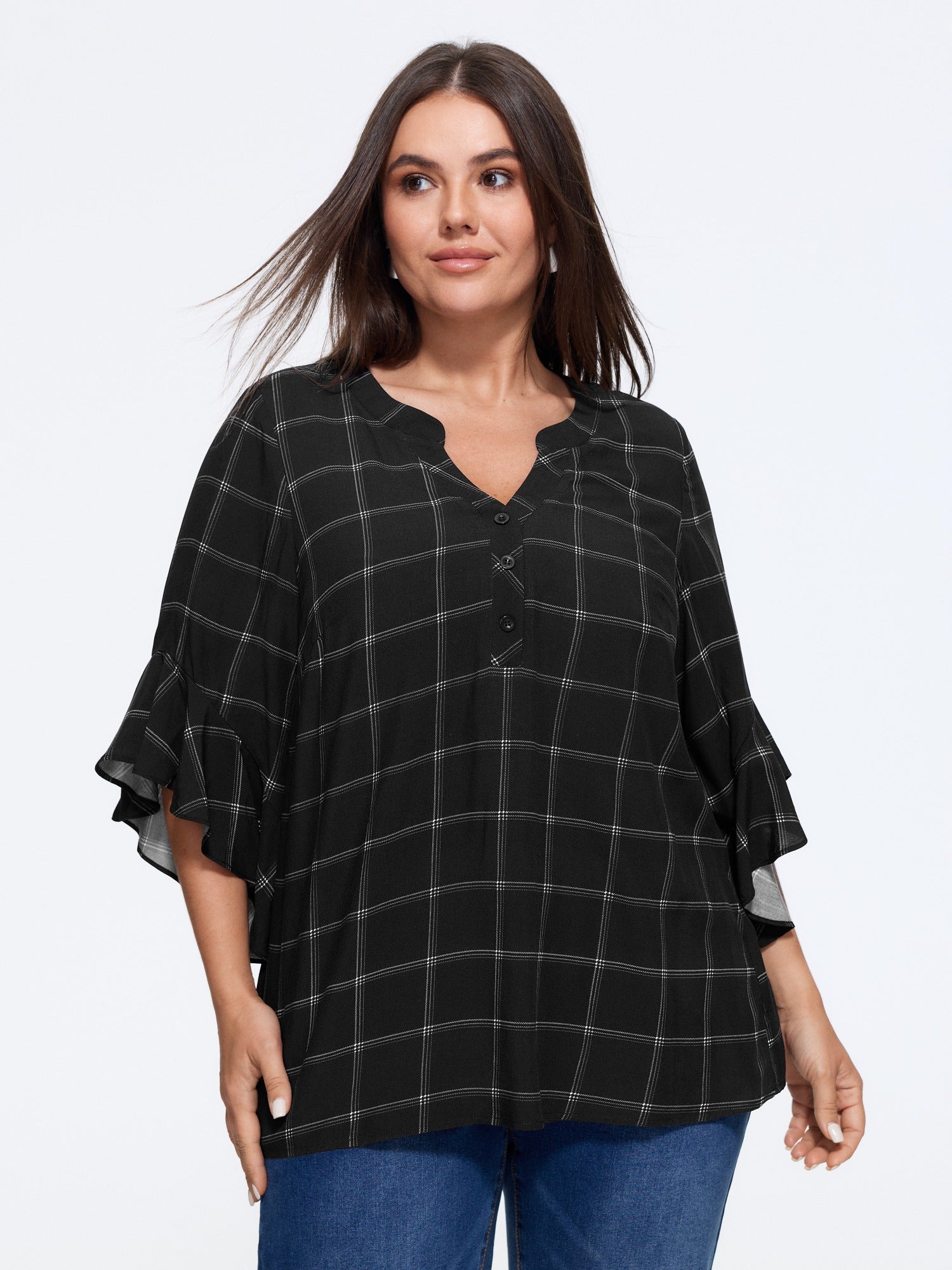 Plaid Notched Neck Ruffle Sleeve Blouse