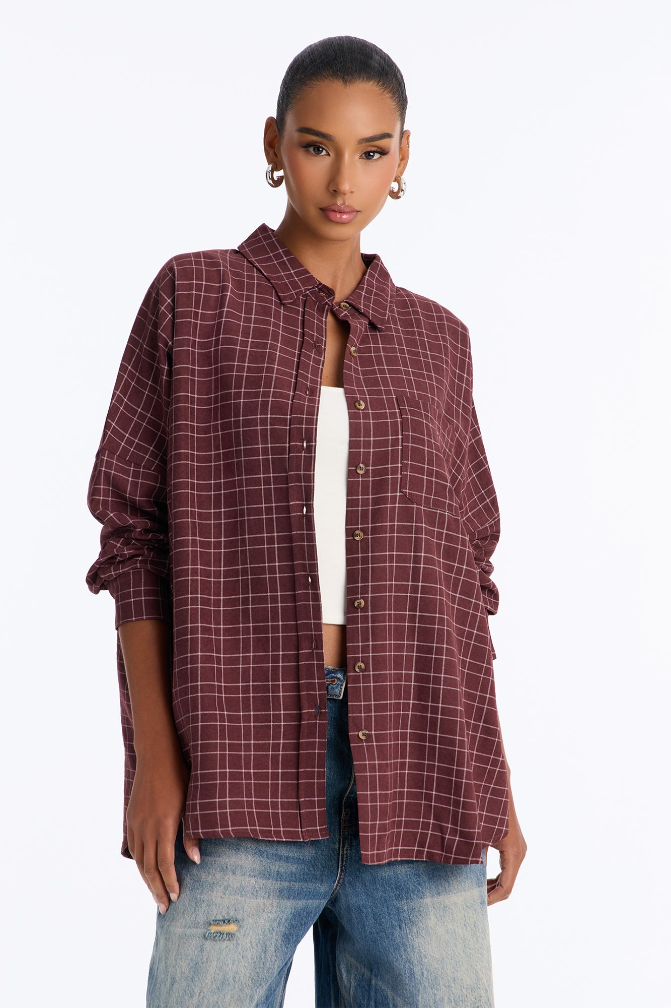 Maple Sunsets Oversized Plaid Shirt - Burgundy