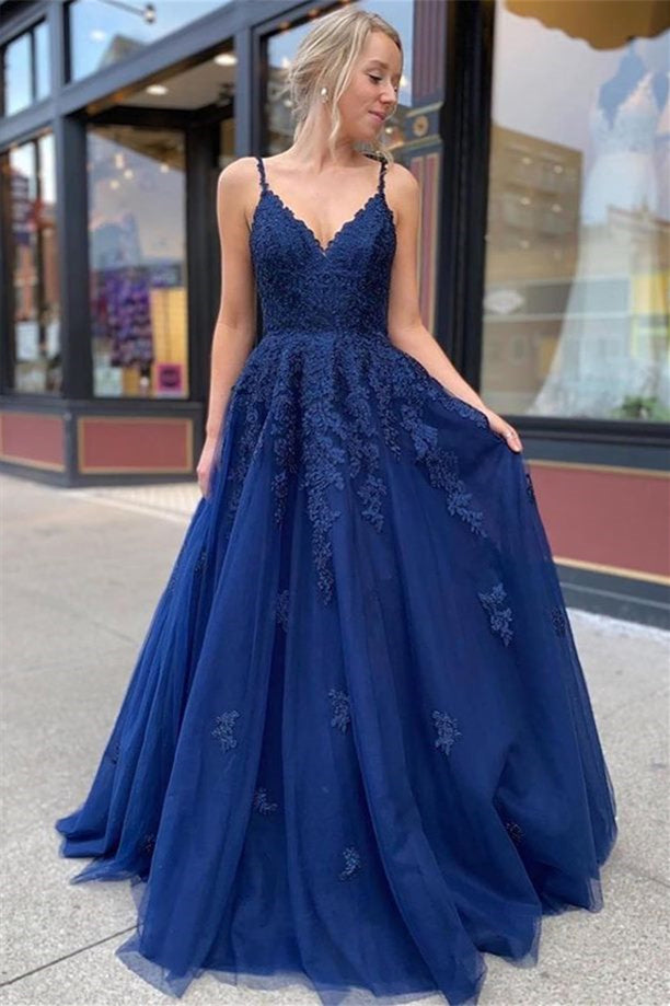 Elegant Dark Blue Straps Sweetheart Tulle Evening Dress With Appliques