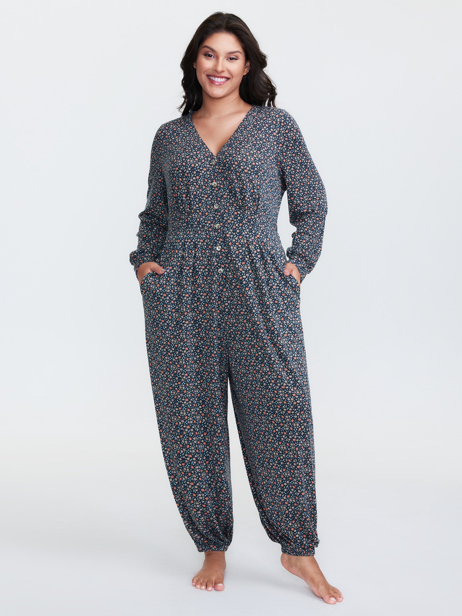 Floral Print V-Neck Button Front Lounge Jumpsuit