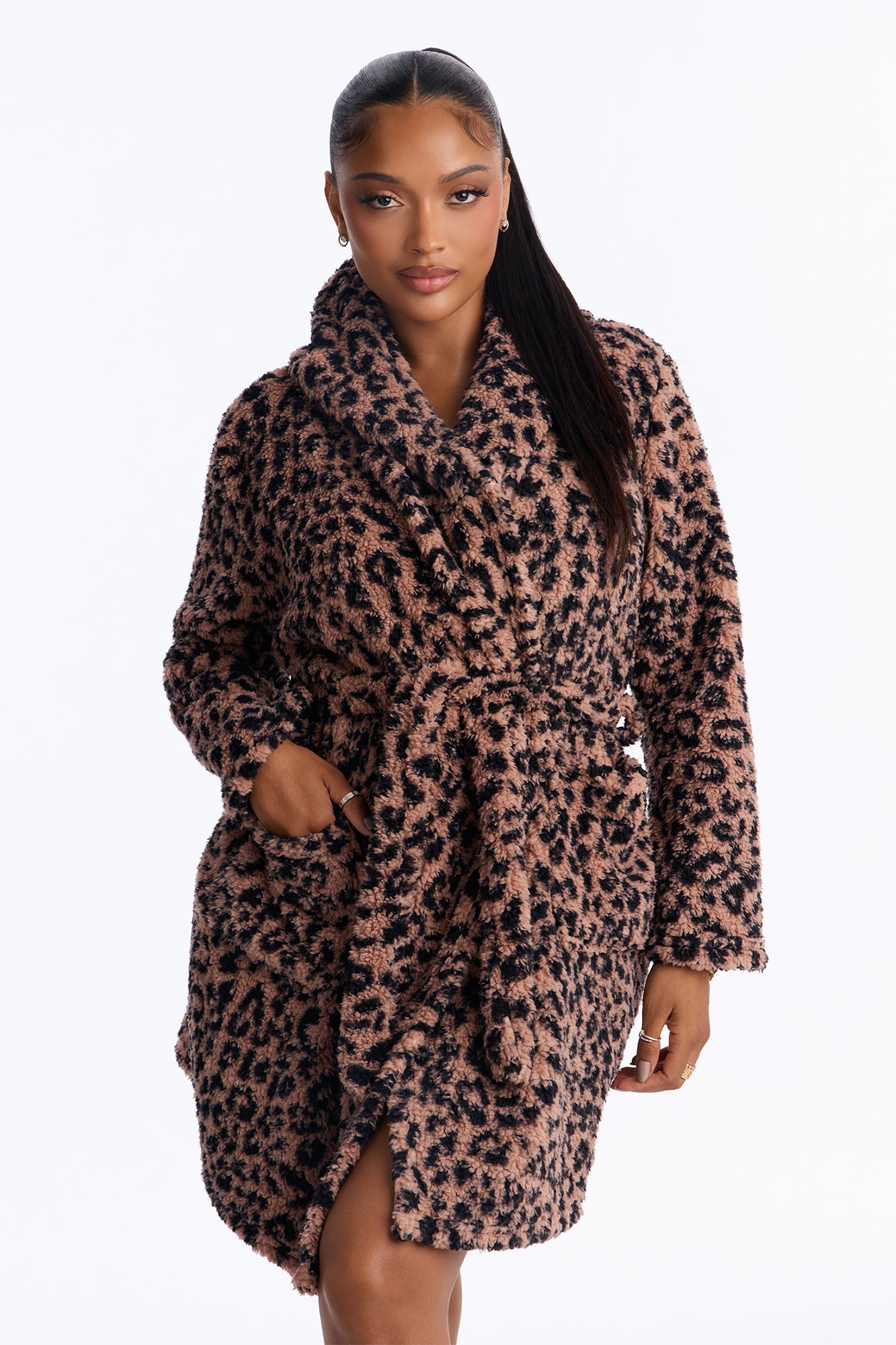 Hide Away Leopard Sherpa Hooded Robe - Leopard