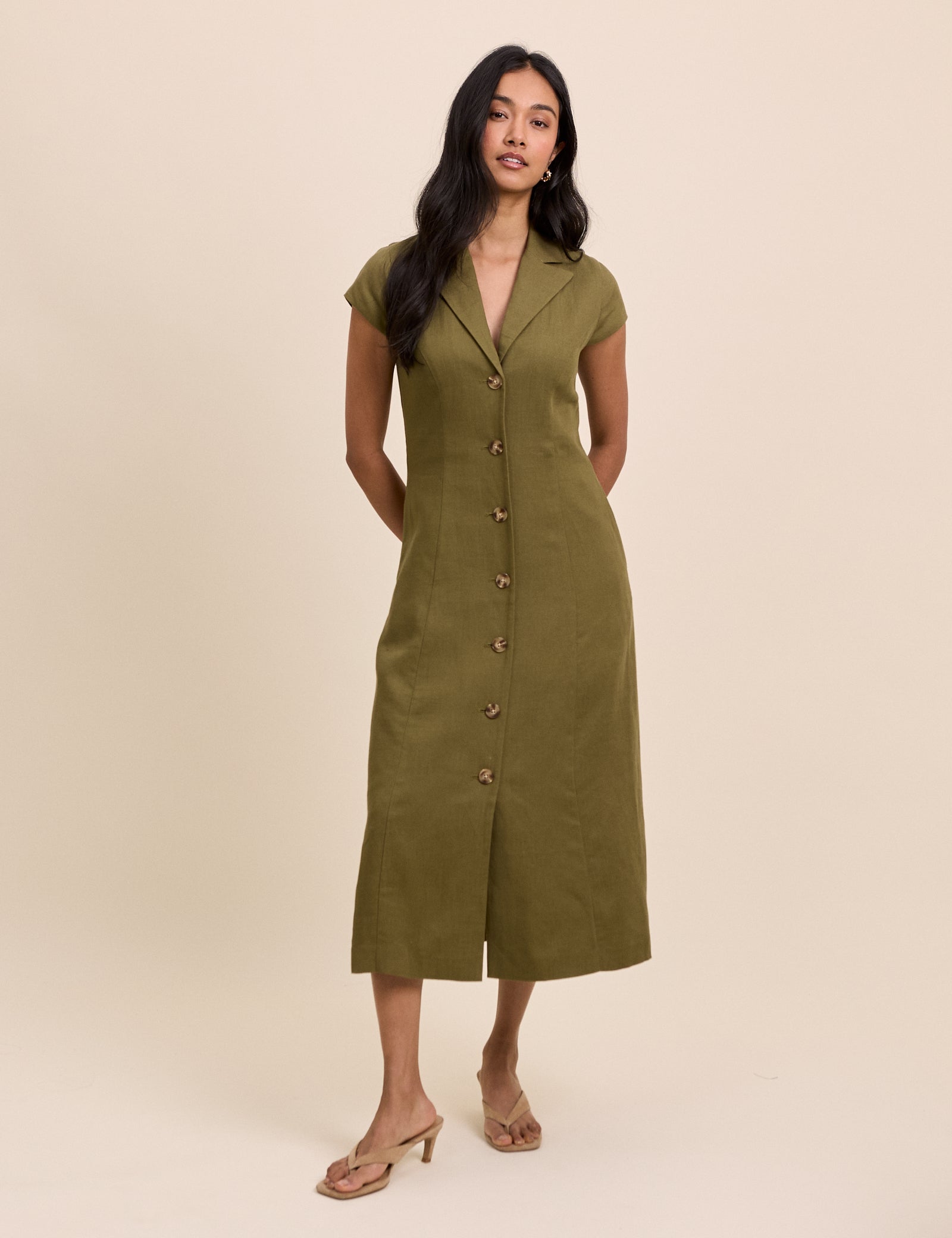 Khaki Button Front Midi Dress