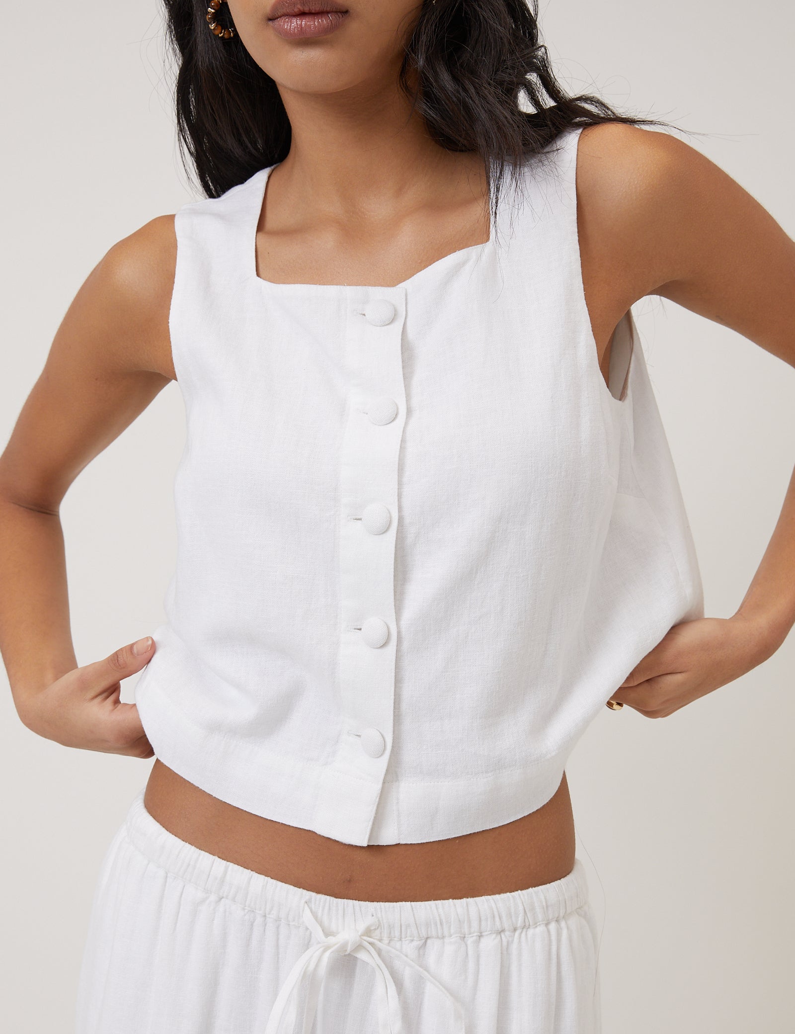 White Linen-Rich Button Front Top